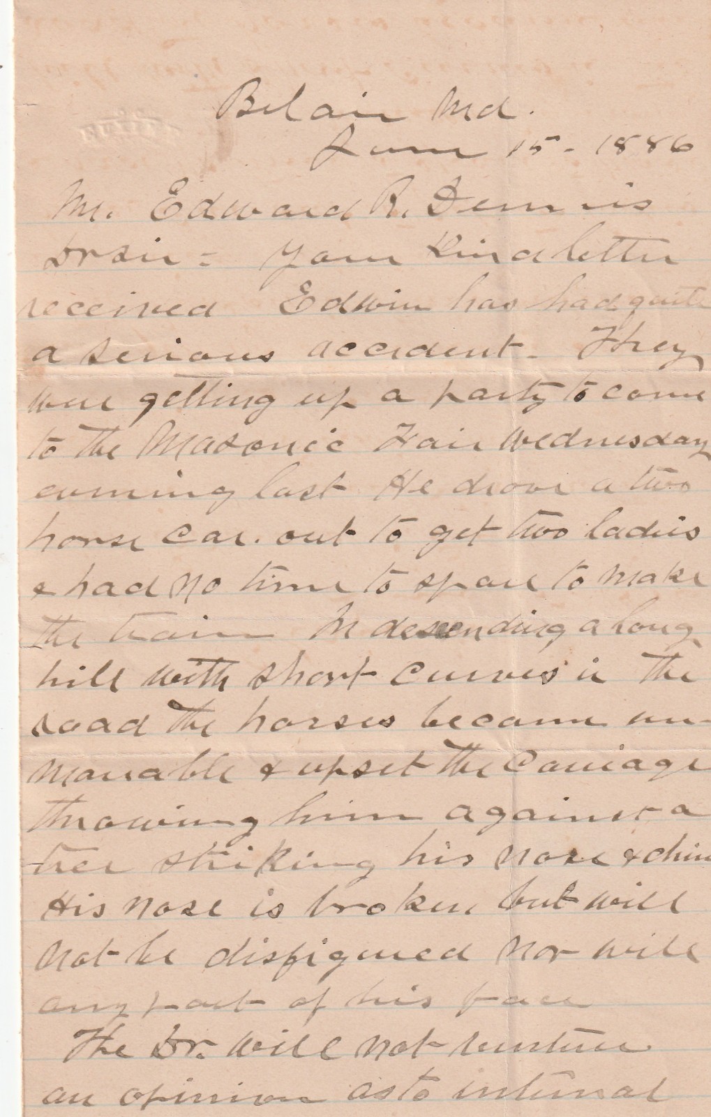 1886 Letter   John A. Hanna   Merchant from Bel Air, Maryland    Personal Letter