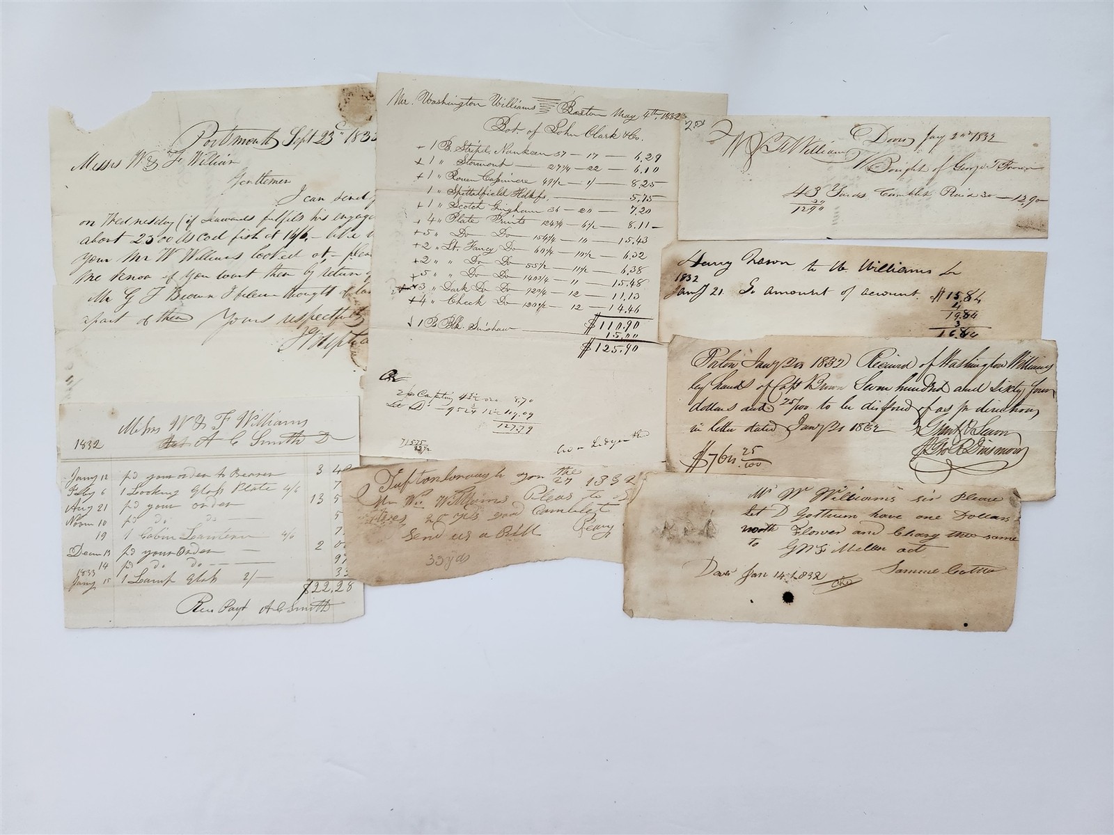 1832 antique WASHINGTON WILLIAMS dover nh MERCHANT archive 6 RECEIPTS INVOICES