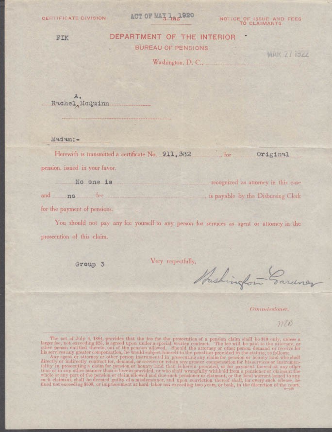 US Dept of Interior Bureau of Pensions issuance document 1922 Rachel McQuinn