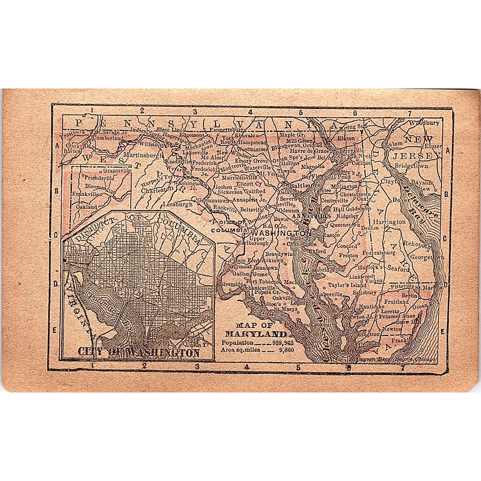 Antique 1889 Map of Maryland 1889 Pocket Map Engraving SAG4-H3