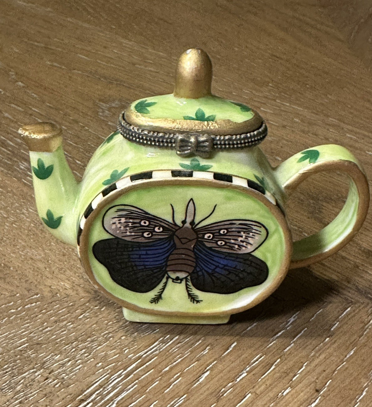 Vtg Miniature Ceramic Teapot Trinket Box Butterfly Checkered HINGE REPAIR/AS IS