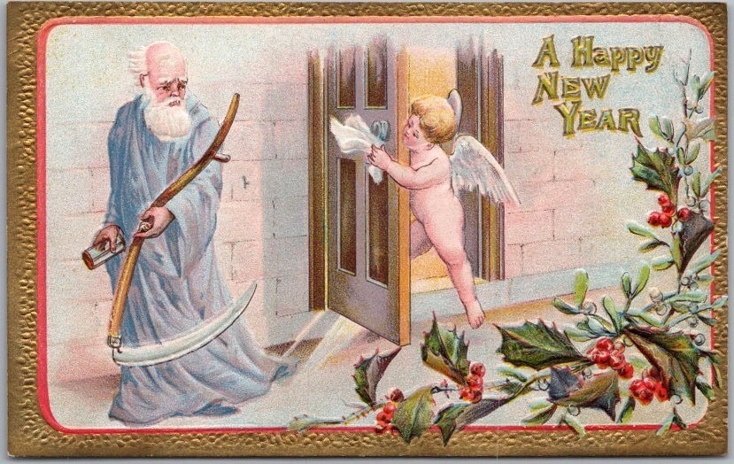 c1910s HAPPY NEW YEAR Postcard Baby New Year Saying Goodbye to Father Time