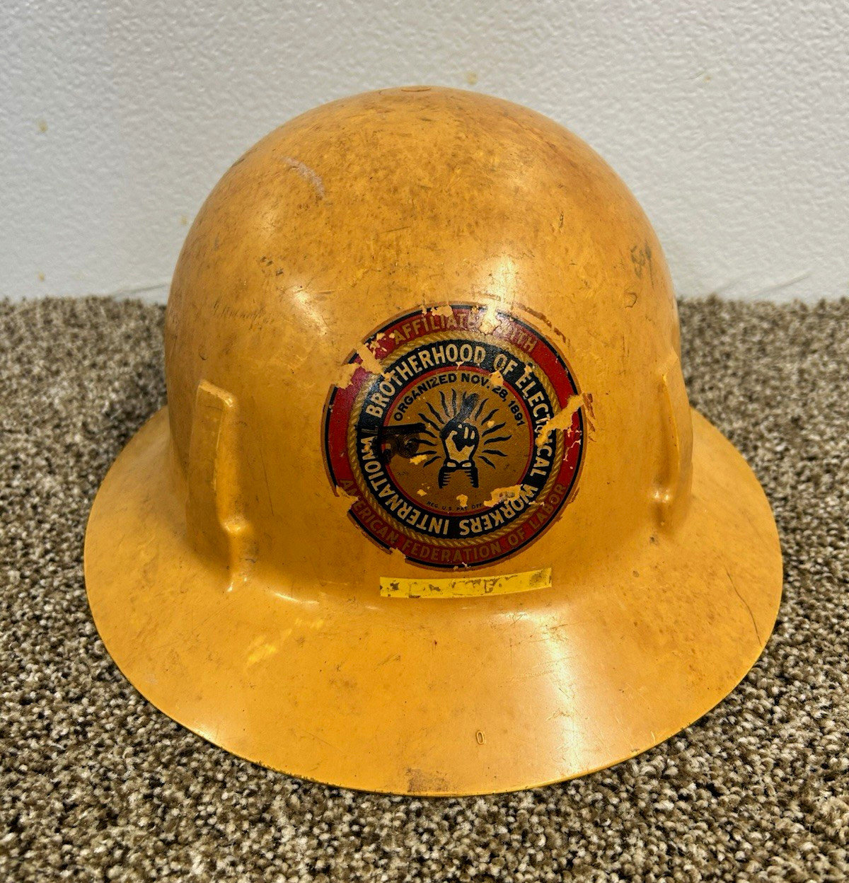 Vintage Yellow Hard Hat Helmet w/ International Brotherhood of Electrical Worker