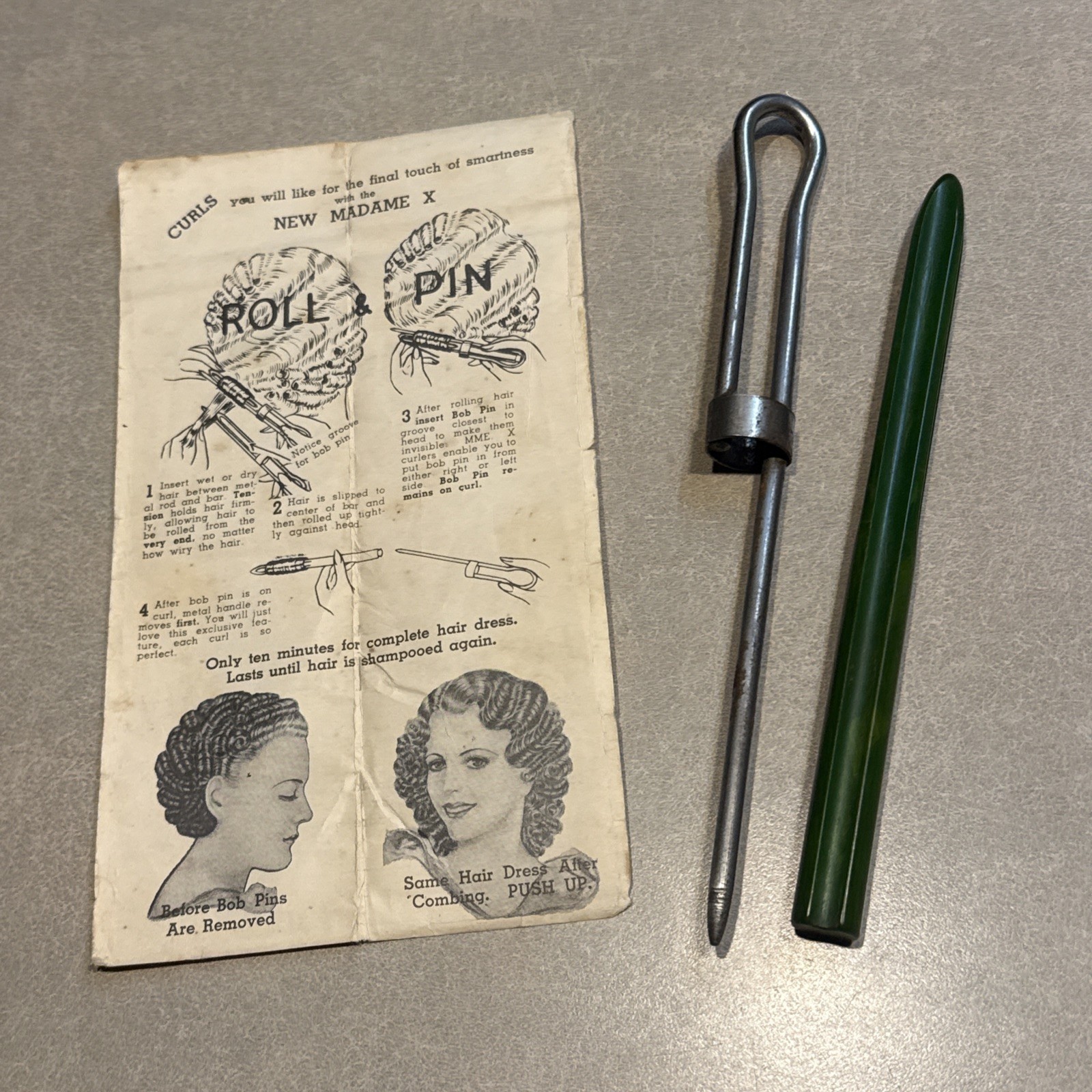 Rare 1930s Madame X Roll & Pin Hair Curler Green Bakelite Beauty Tool Pin Curls