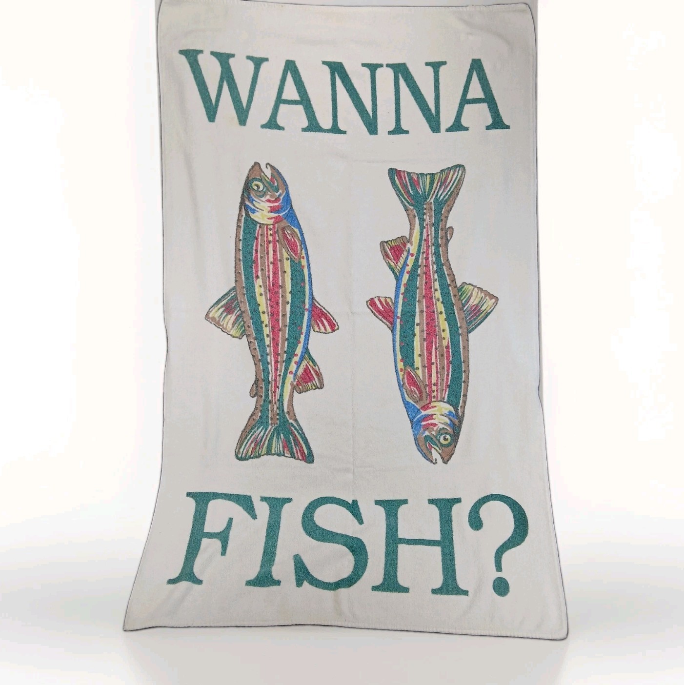 Vtg Joe Boxer Wanna Fish Beach Towel Rainbow Trout Cotton USA Made 36x60 READ