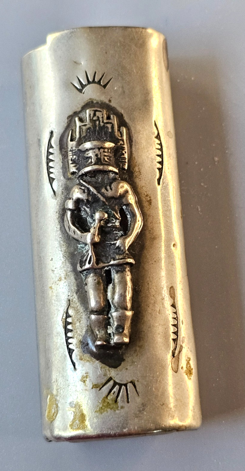 Vintage Silver-Tone Metal Hand Tooled Southwestern Kachina Bic Lighter Holder