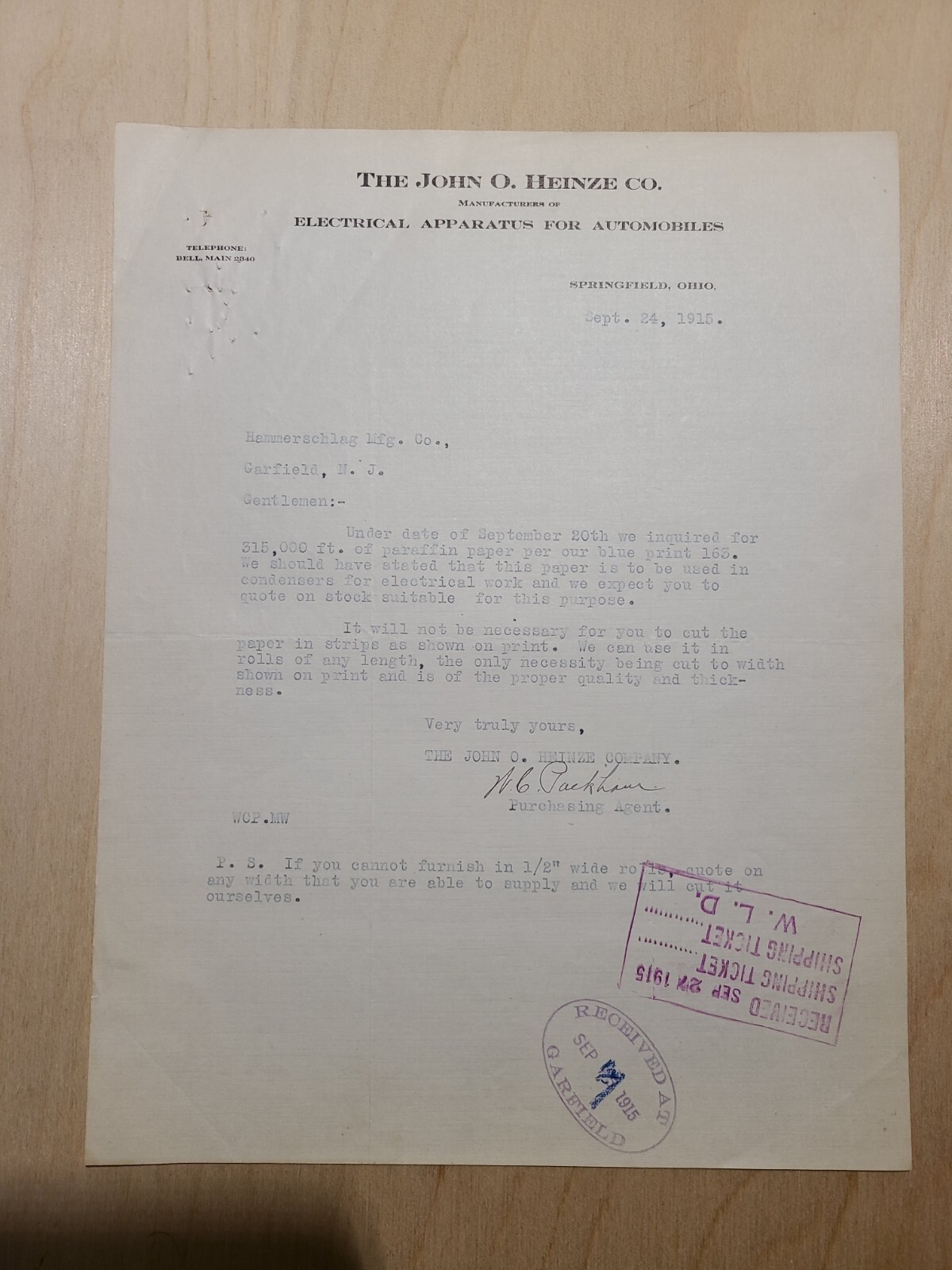1915 Document, John O. Heinze Co. Springfield OH, Cars Electrical Parts Signed 5