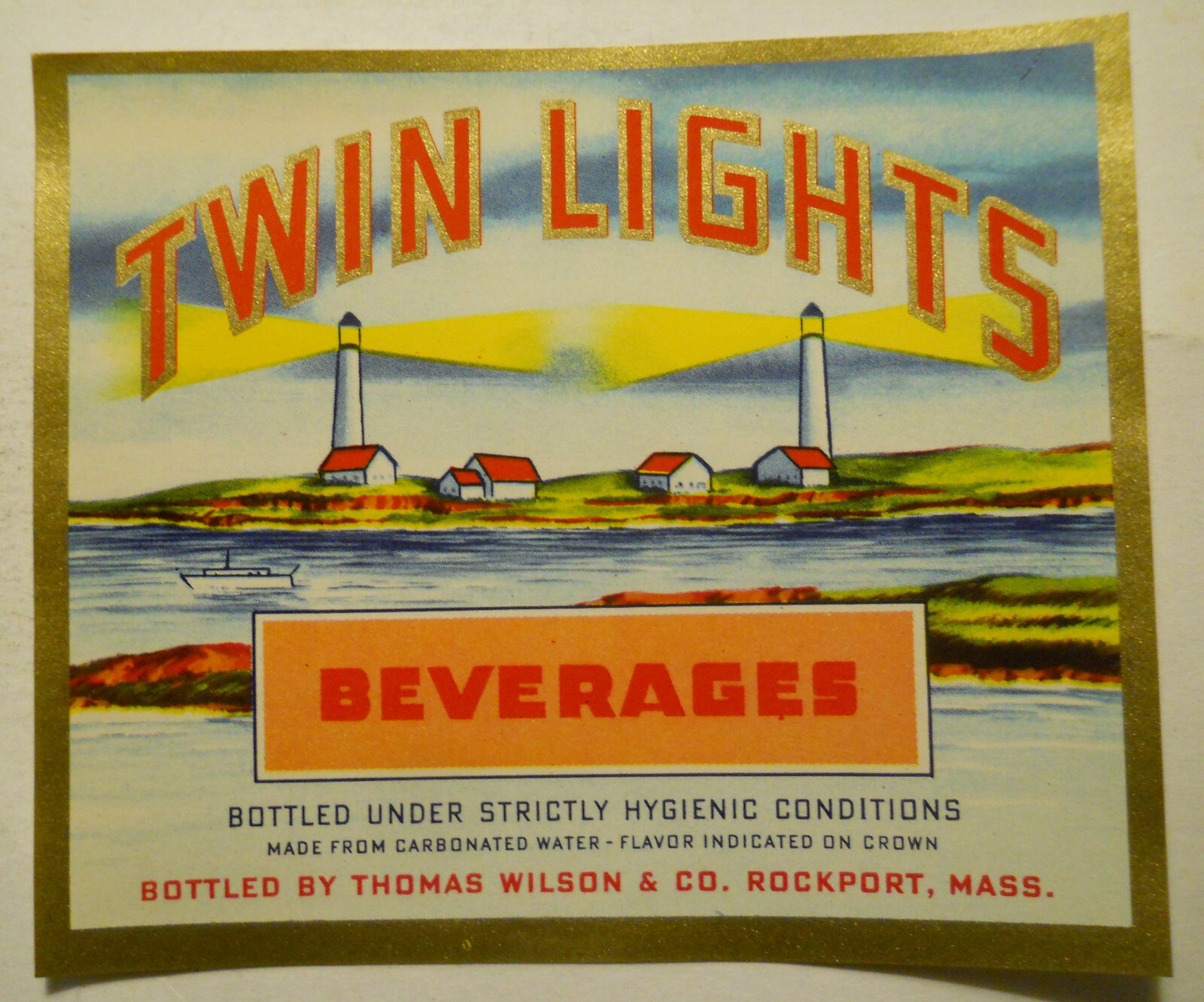 ca. 1930's Twin Lights Beverages (Rockport, Massachusetts) bottle label