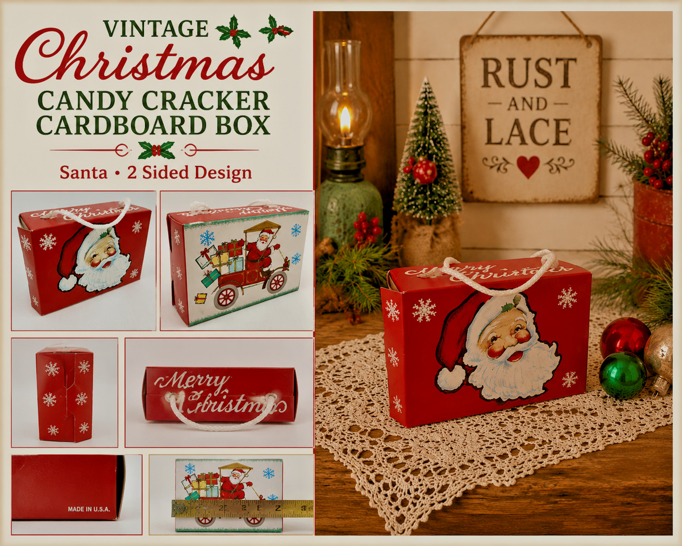 Vintage Merry Christmas Santa Candy Box Cardboard USA