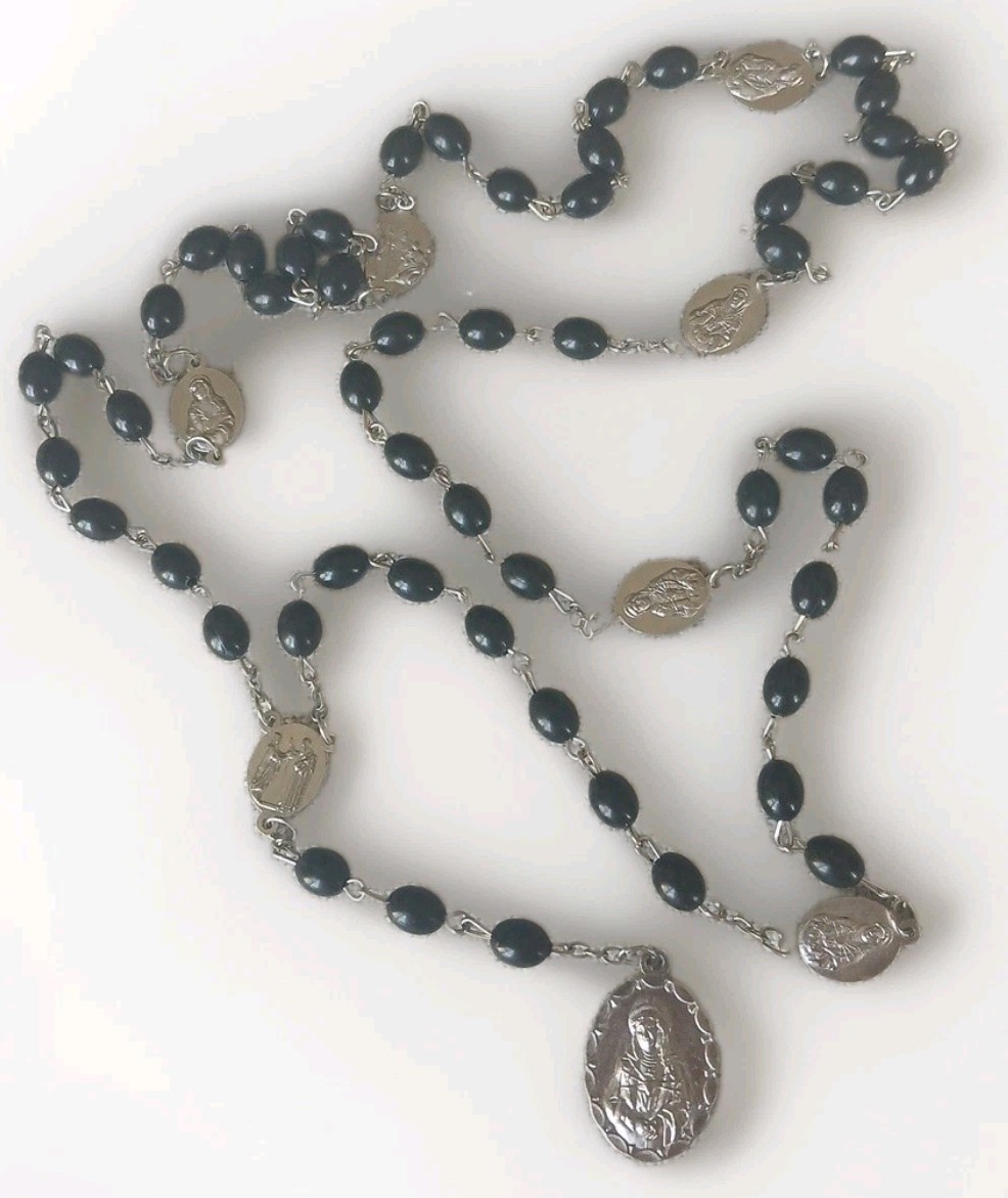 Catholic 7 Seven Sorrows of Mary Rosary Chaplet Silver Tone Medals Black Beads