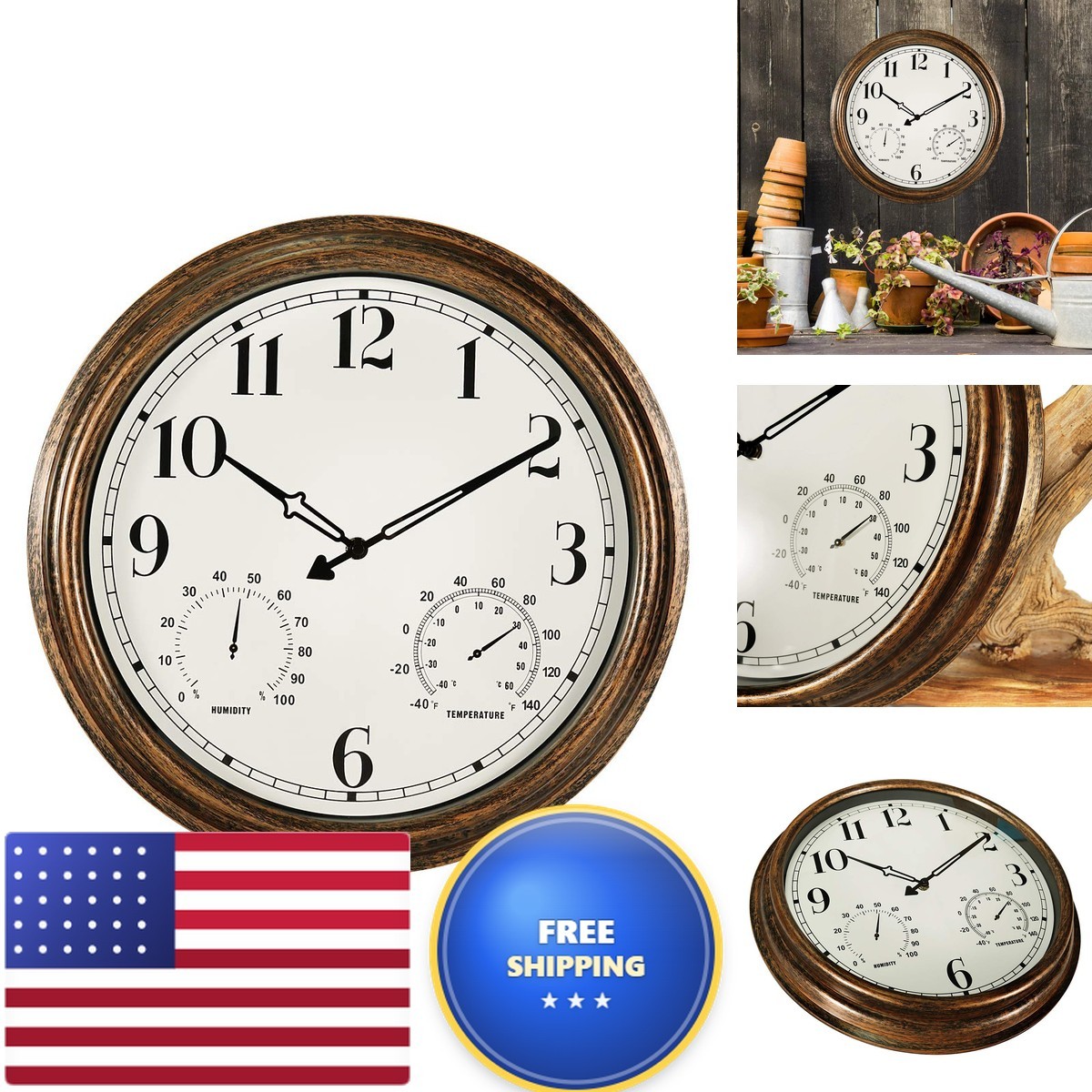 16in Outdoor Wall Clock Waterproof Vintage Non-Ticking Thermometer Hygrometer
