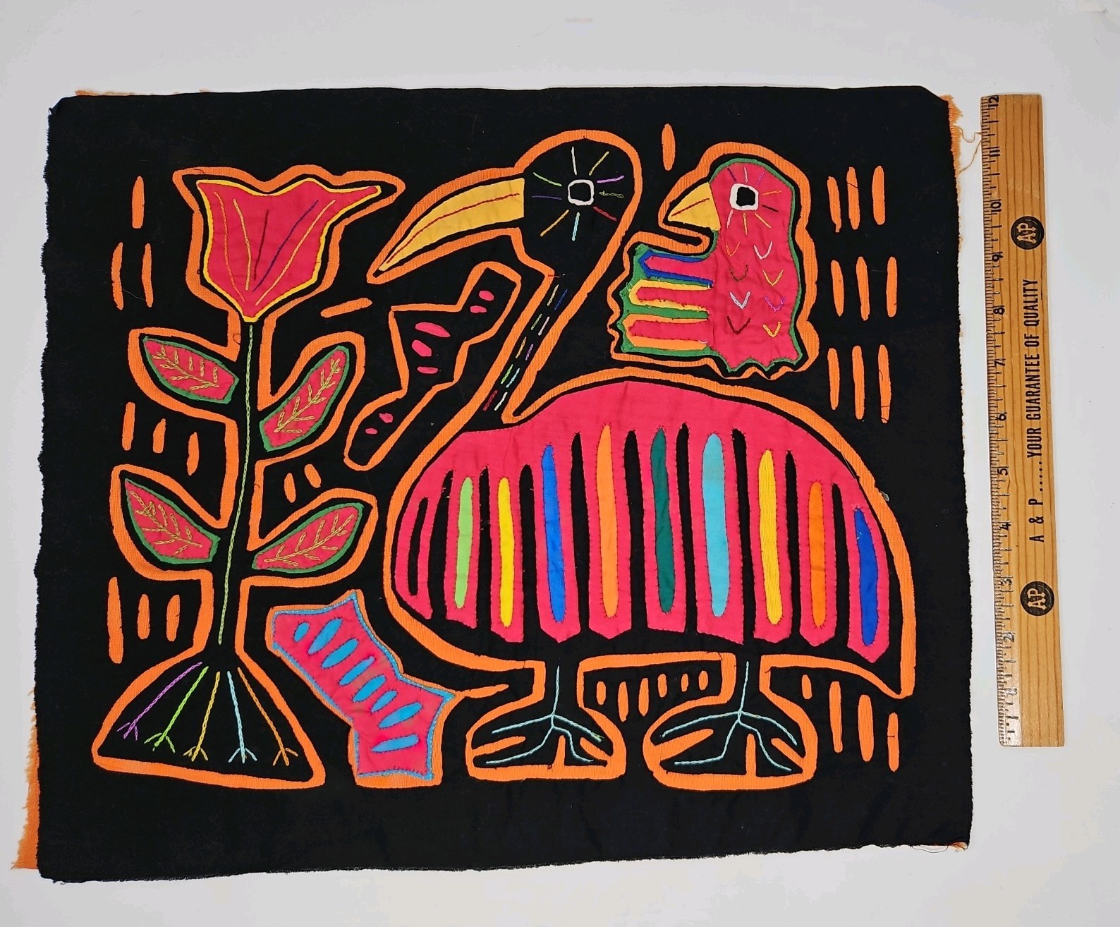 VTG Panamanian Kuna Indians MOLA, HANDMADE, Birds, Flower, Layered Fabric, MINT