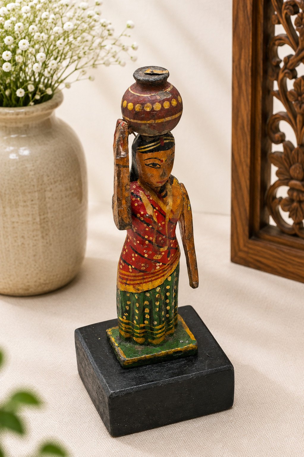 Handcrafted Wooden Rajasthani Woman with Matka – Traditional Folk Art