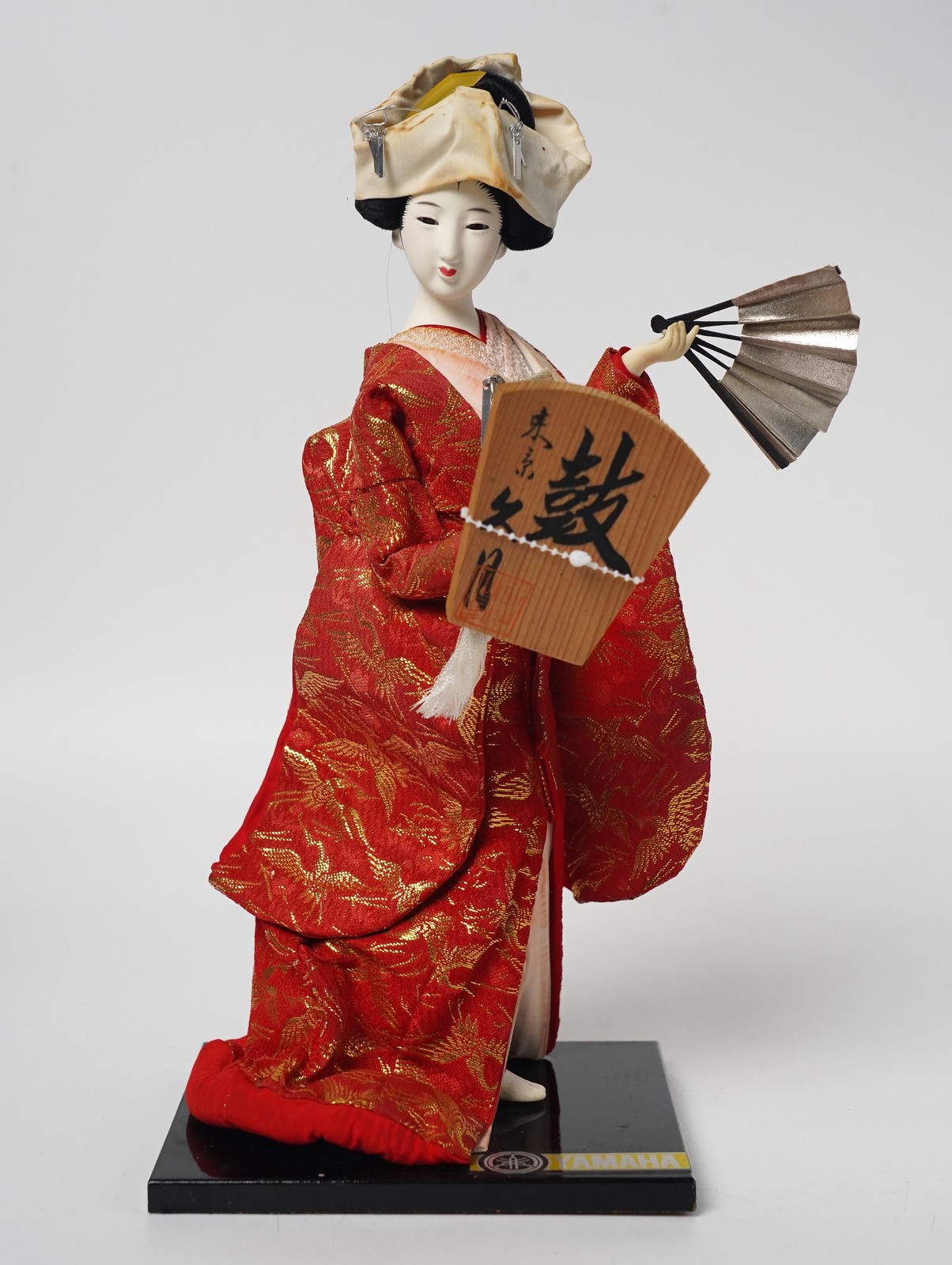 Vintage Kyugetsu Doll Japanese Geisha Dancer Red Gold Kimono Fan 12.5