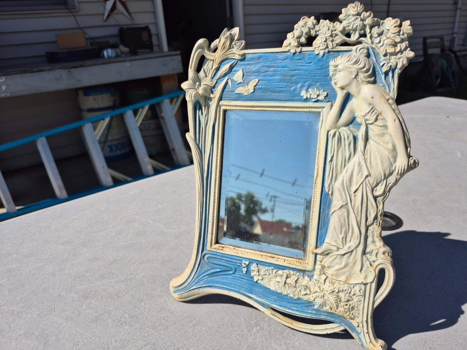 VTG Heavy Cast Metal 3D Art Nouveau Fairy Lady By Lake Floral Standing Mirror