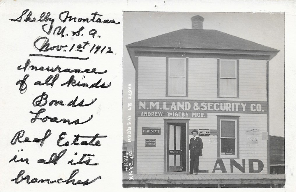 Shelby, Montana Real Estate Land Sales Co, Andrew Wigeby Mgr. 1912, RP Shelby, Montana Real Estate Land Sales Co, Andrew Wigeby Mgr. 1912, RP