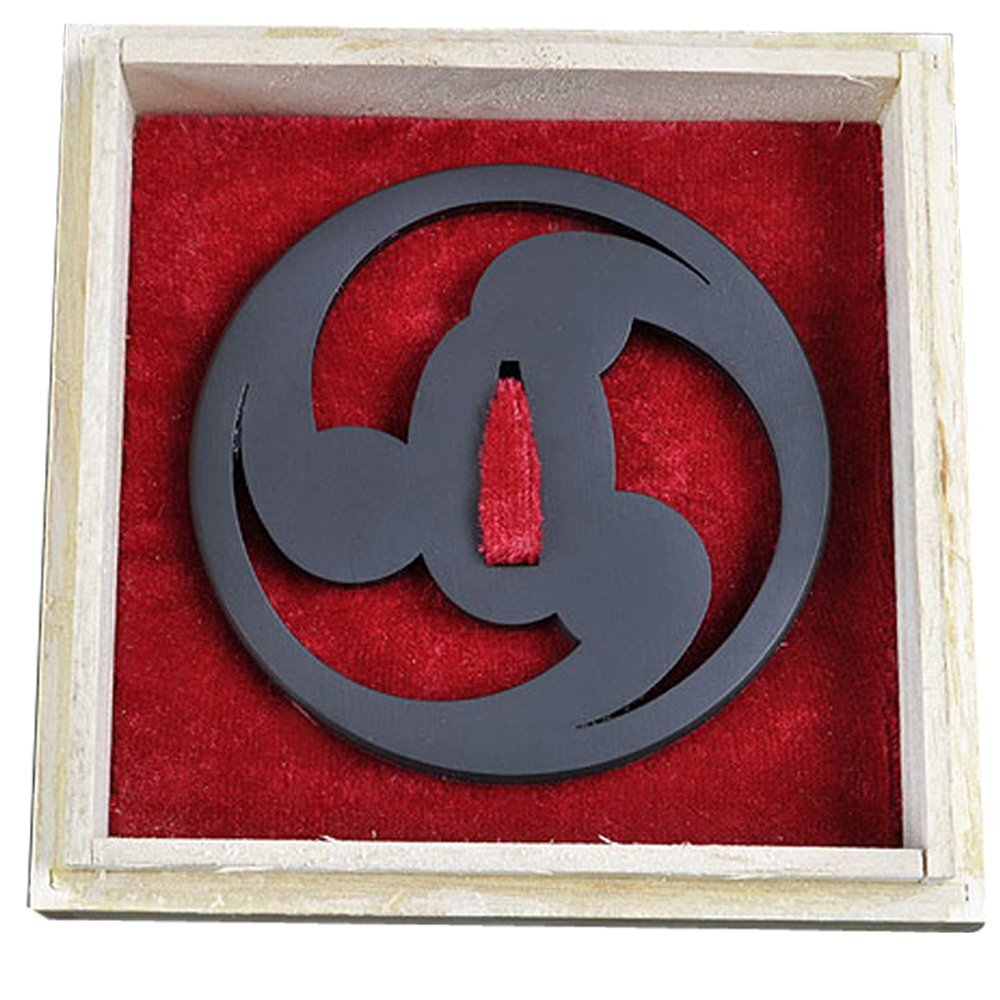 Iron Alloy for Katana or Wakizashi Tsuba, Tomoe Crest Pattern, with Wooden Box