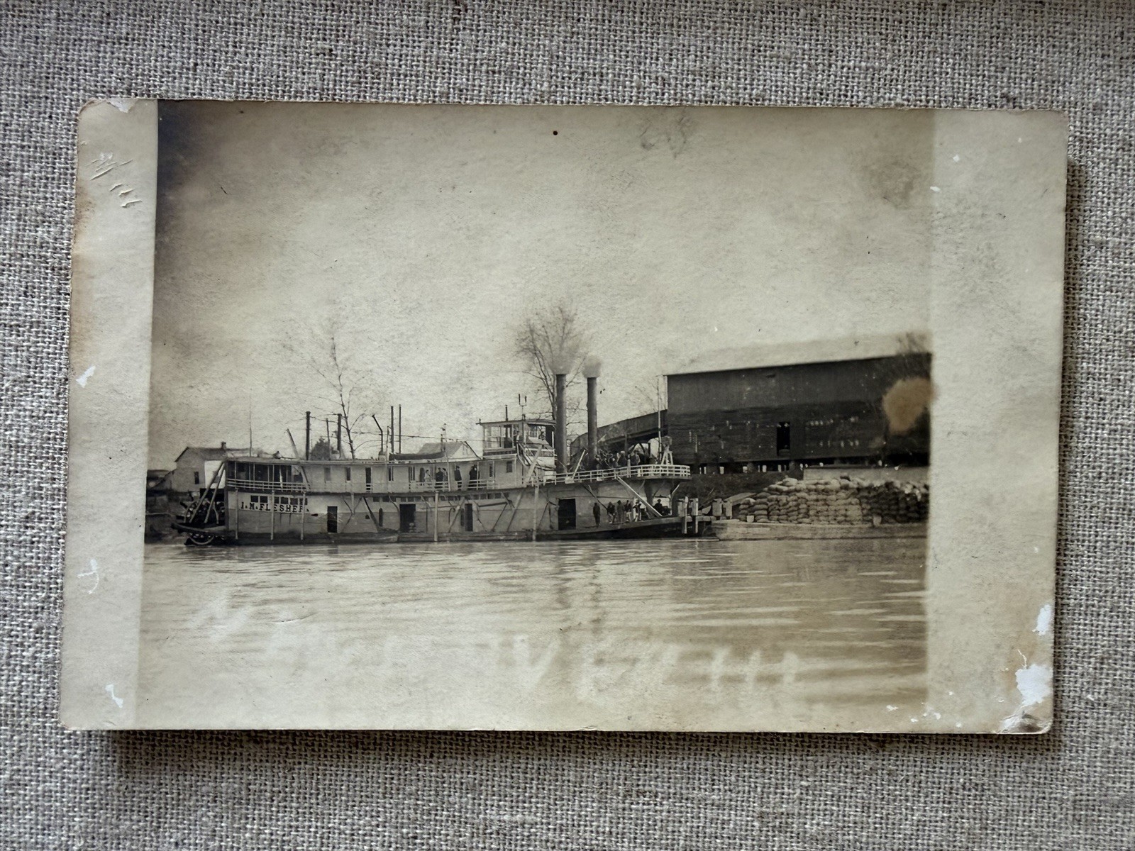 1908 I N Flesher Sternwheel Towboat New Haven Illinois Steamboat RPPC Photo