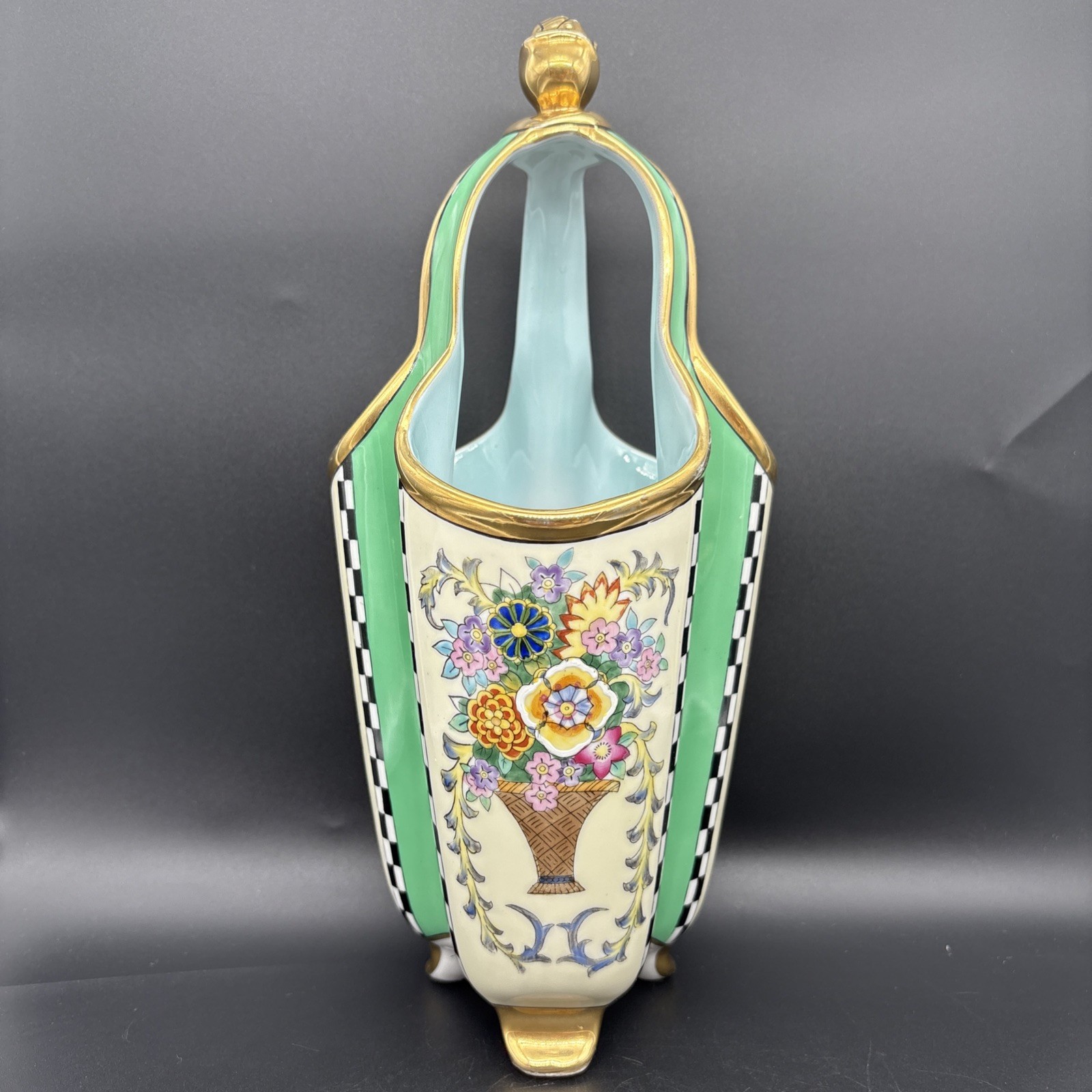 Vtg Art Deco Noritake Vase Gold Gilded Green Footed Basket Flower Design