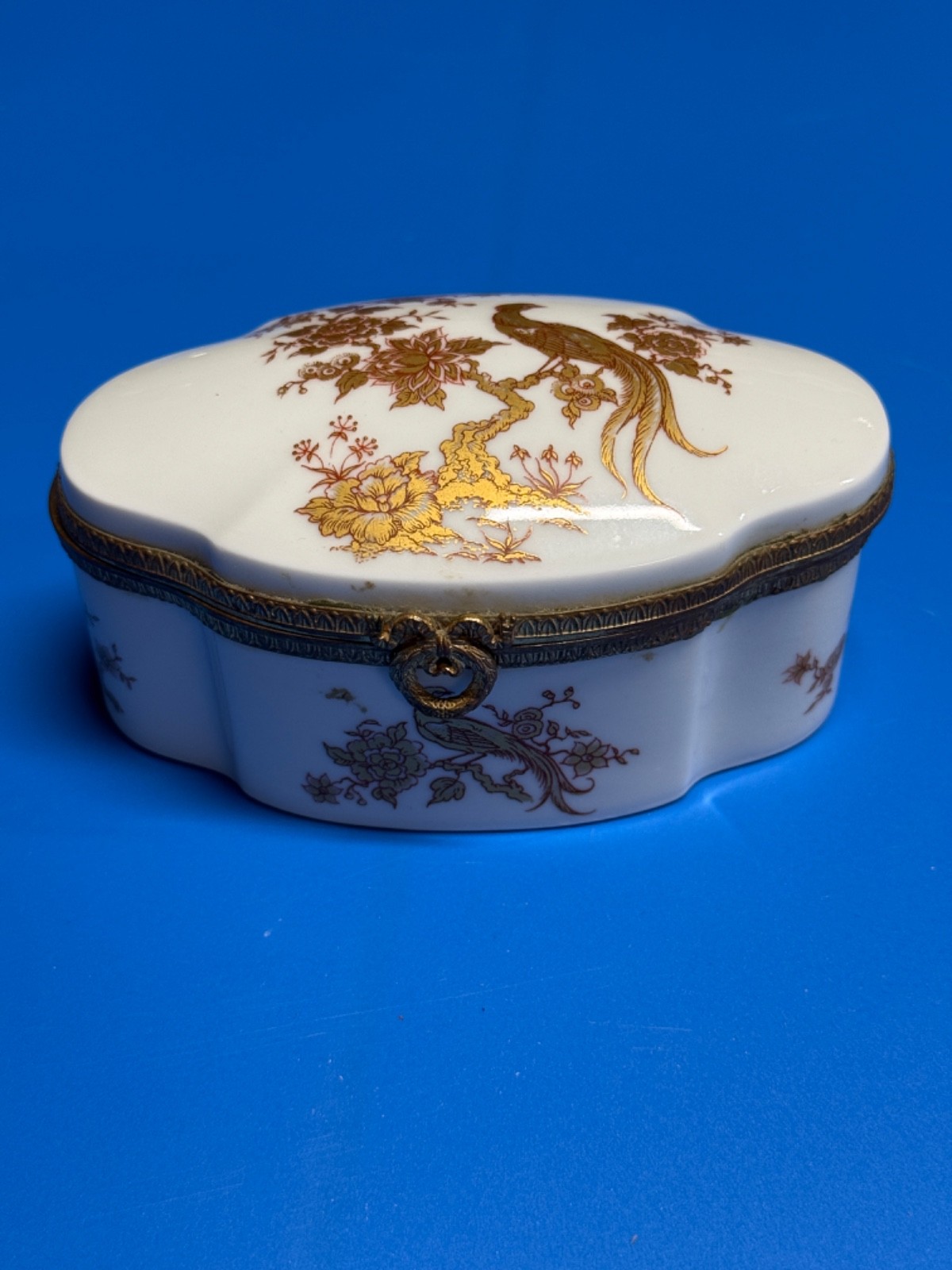 Antique Limoges France Trinket Box Ormolu hinge Porcelain Casket birds