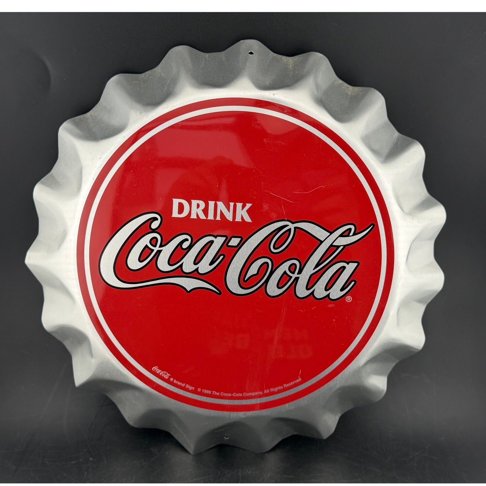 Vintage 1999 Coca-Cola Metal Bottle Cap Wall Sign-11.5 Inch, Red Silver Decor