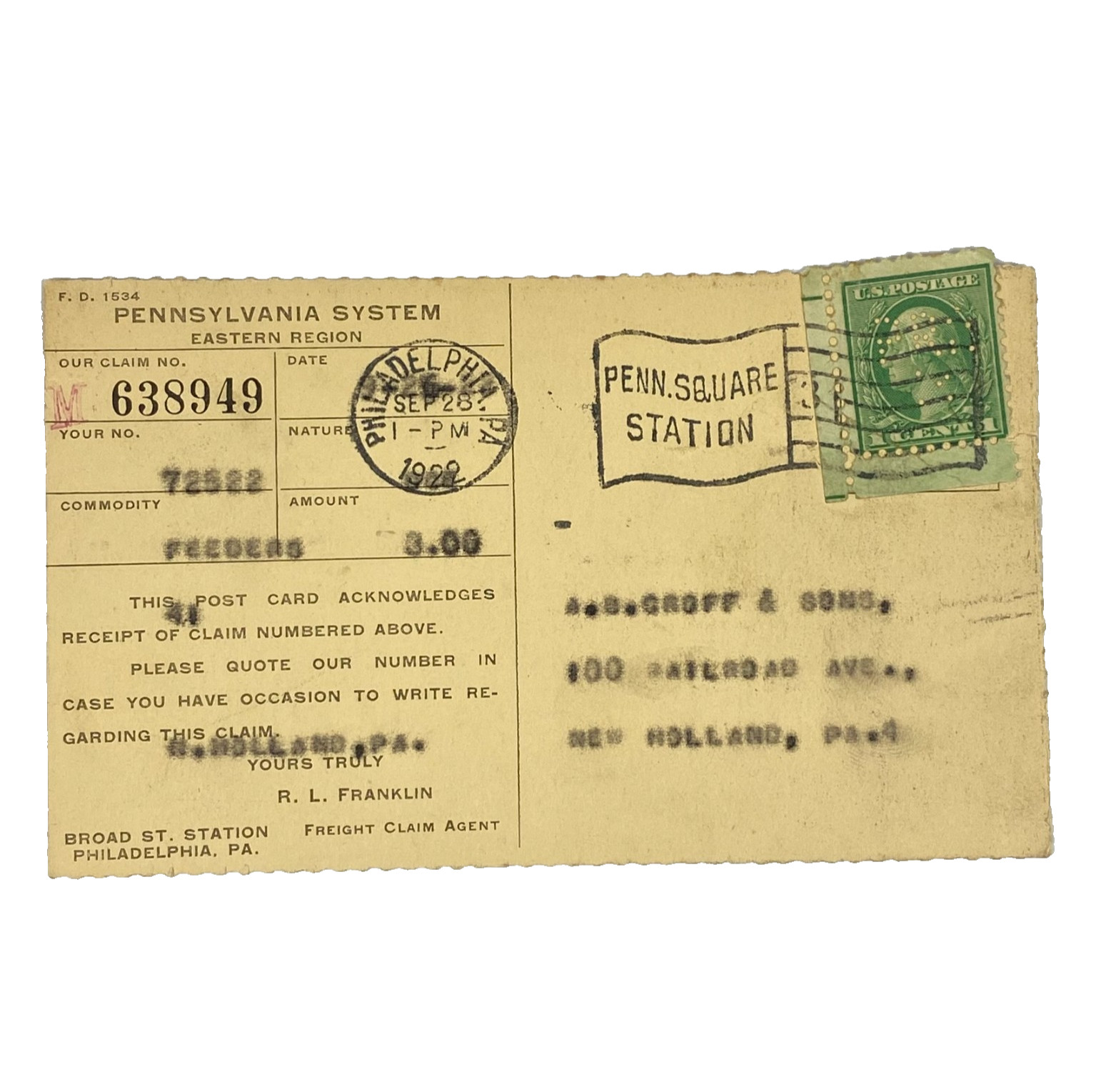 1922 Pennsylvania Train Freight Claim Ticket Penn Station Postcard Vintage 1922 Pennsylvania Train Freight Claim Ticket Penn Station Postcard Vintage