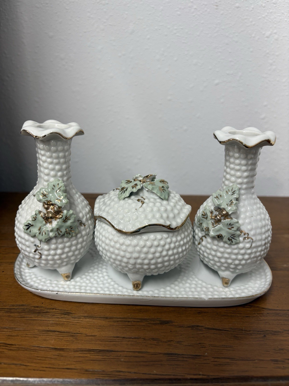 White Hobnail style Porcelain Vanity Set w/ Tray, 2 Bud Vases, Lidded Jar