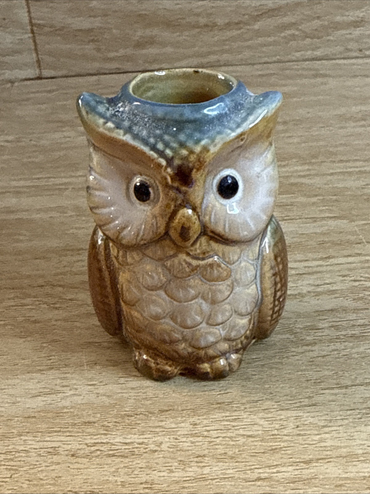 MCM Blue Brown Pottery Owl Toothpick Holder Vintage  Ceramic Kiln Fired