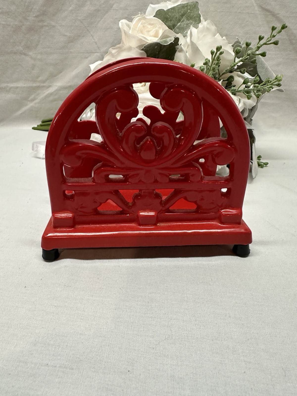 Red Enamel Cast Iron Napkin Holder Kitchen Heavy Solid Footed Very Nice