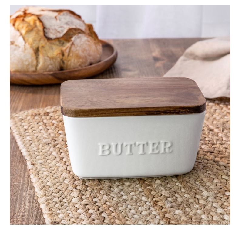 White and Acacia Wood Porcelain Embossed Butter Dish