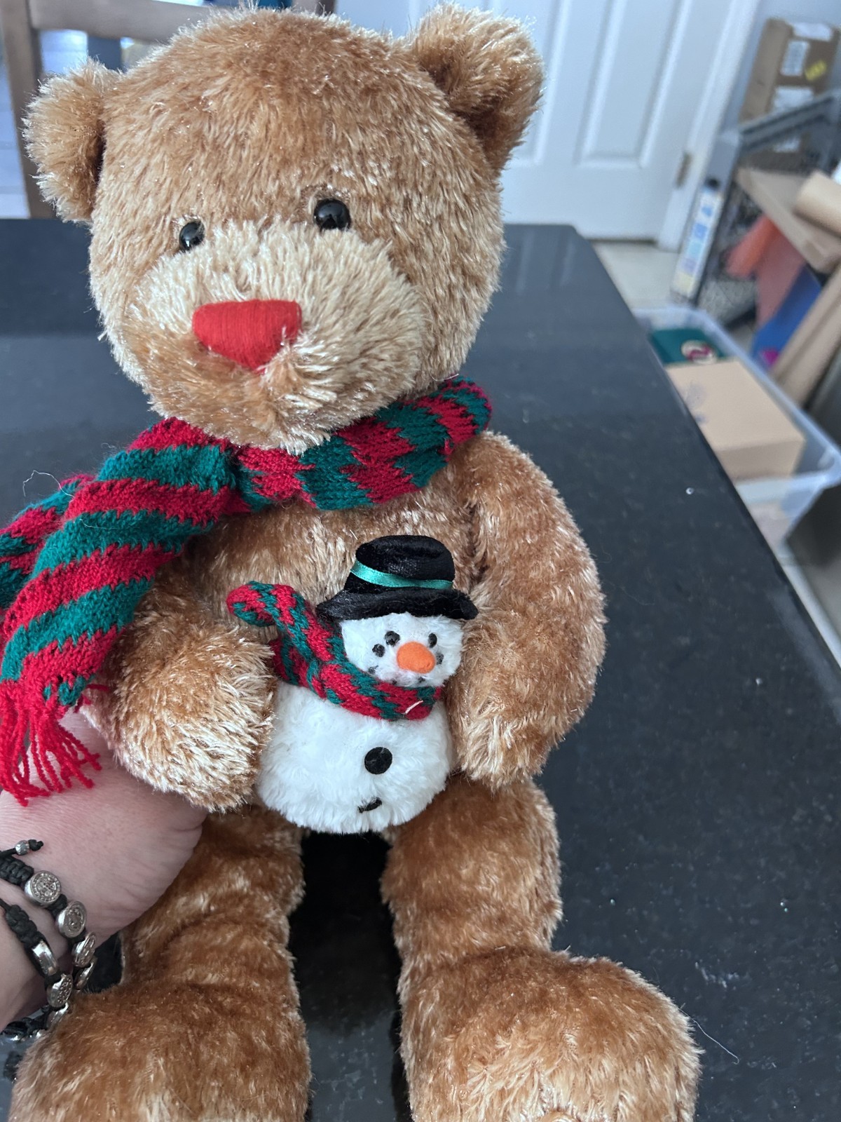 Vintage Gund Christmas Teddy Holding Snowman – Red Heart Nose, Matching Scarves Vintage Gund Christmas Teddy Holding Snowman – Red Heart Nose, Matching Scarves