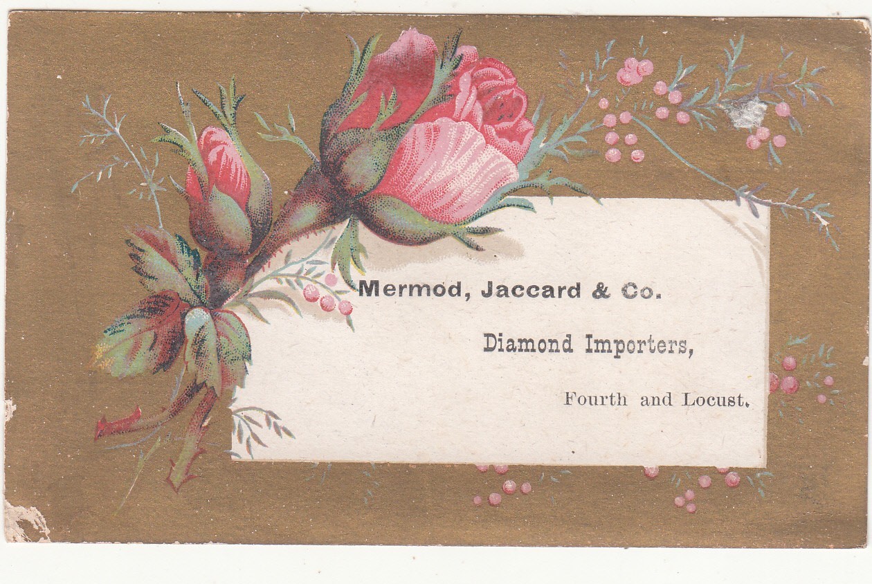 Mermod Jaccard & Co Jewelers St Louis Pink Flowers Gold Vict Card c1880s