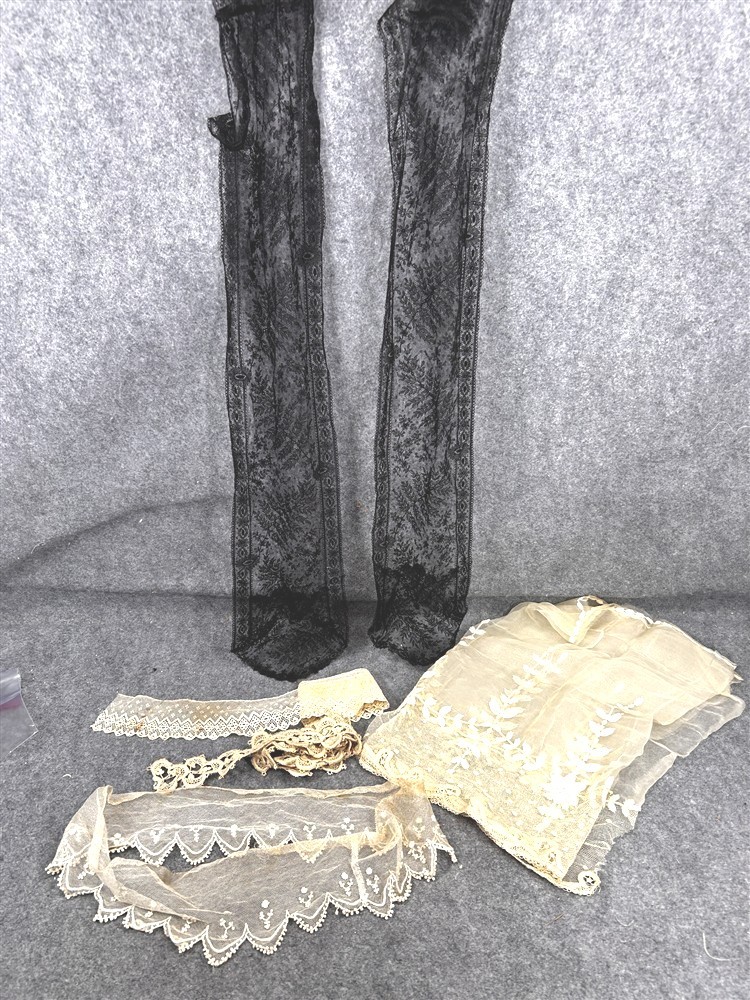 antique lace remnants cotton black white Chantilly lot yds original early 19thc 
