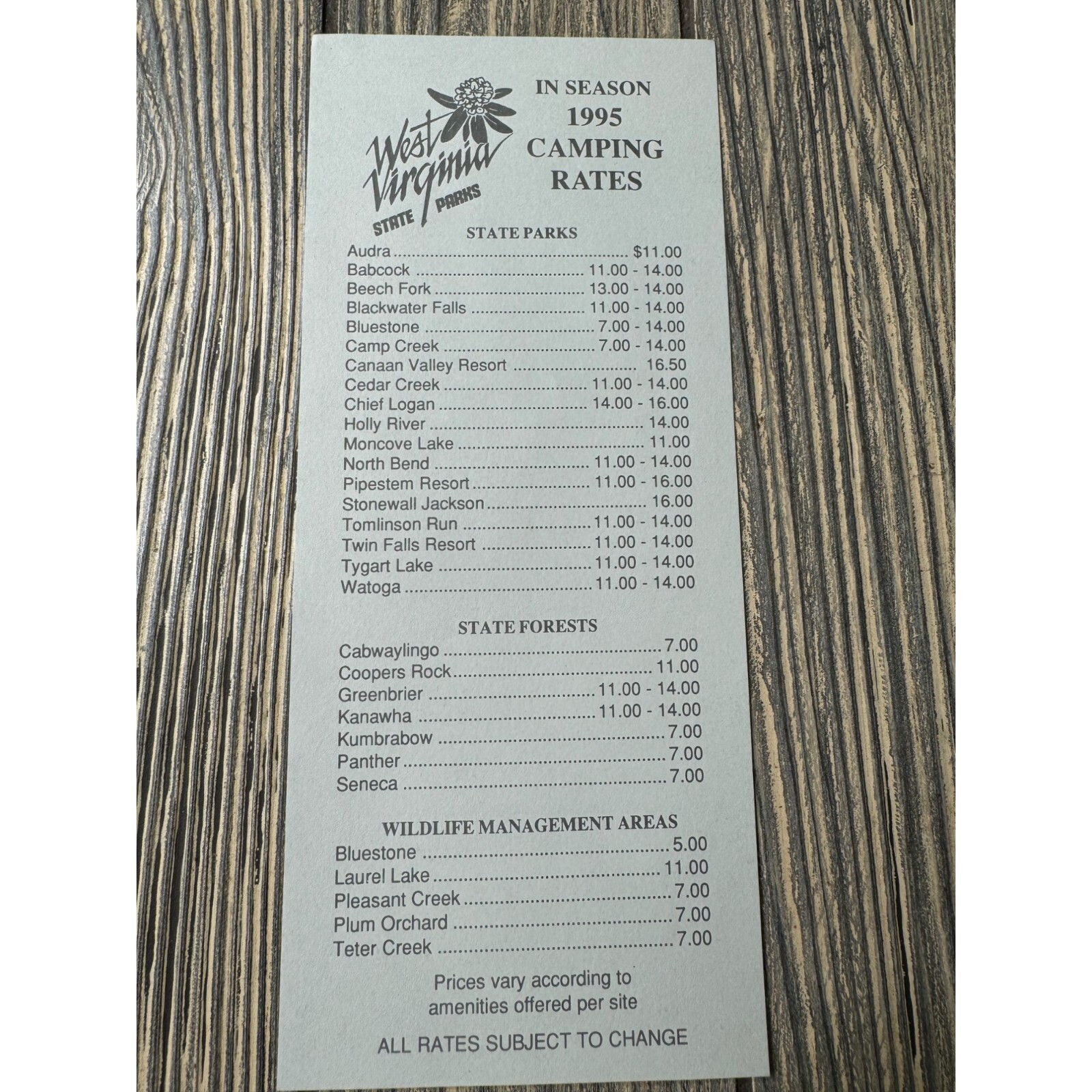 Vtg West Virginia 1995 State Parks Camping Rates Guide
