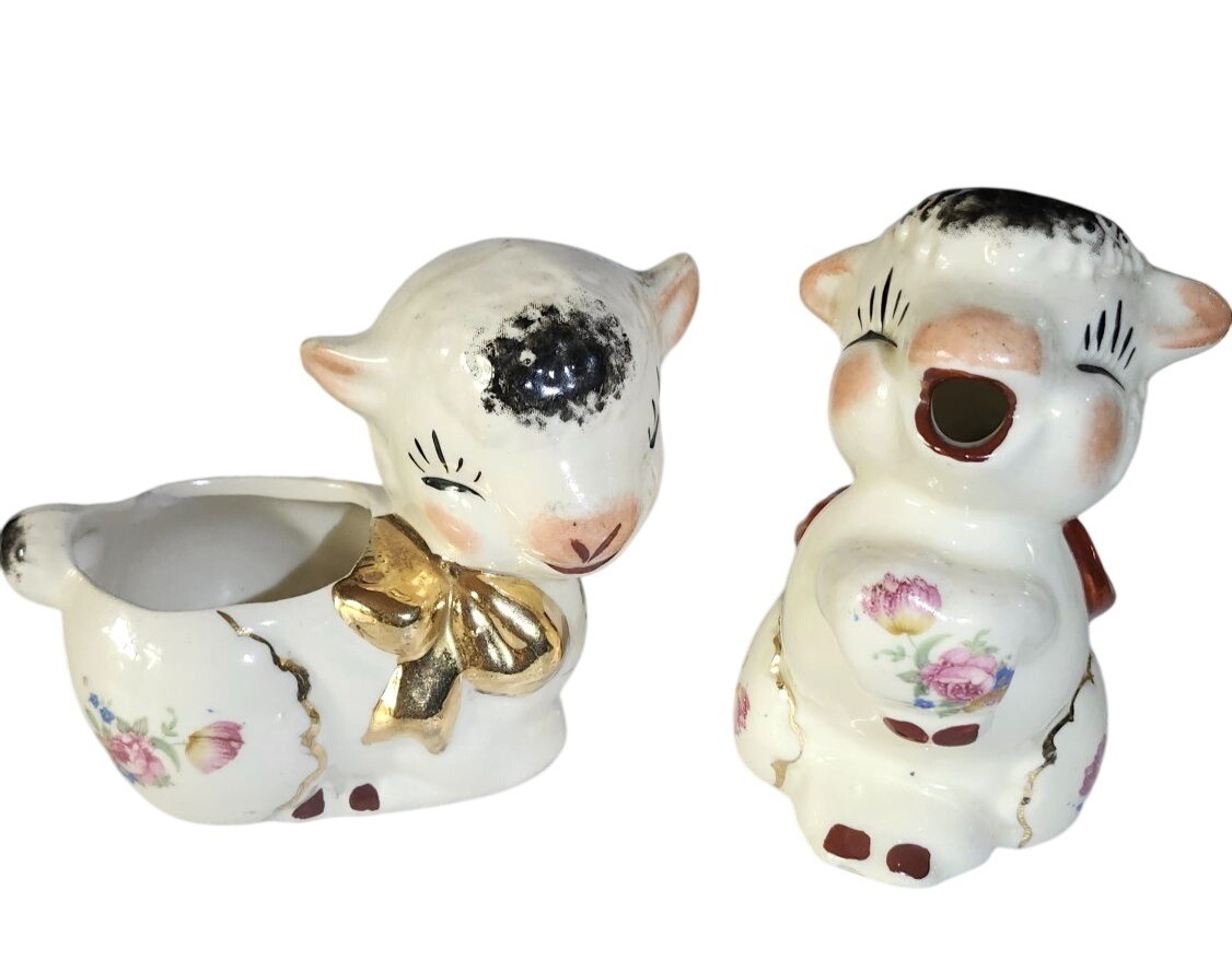 Vintage Anthropomorphic Lamb Ceramic Sugar & Creamer Set Floral Design & Gold Ac