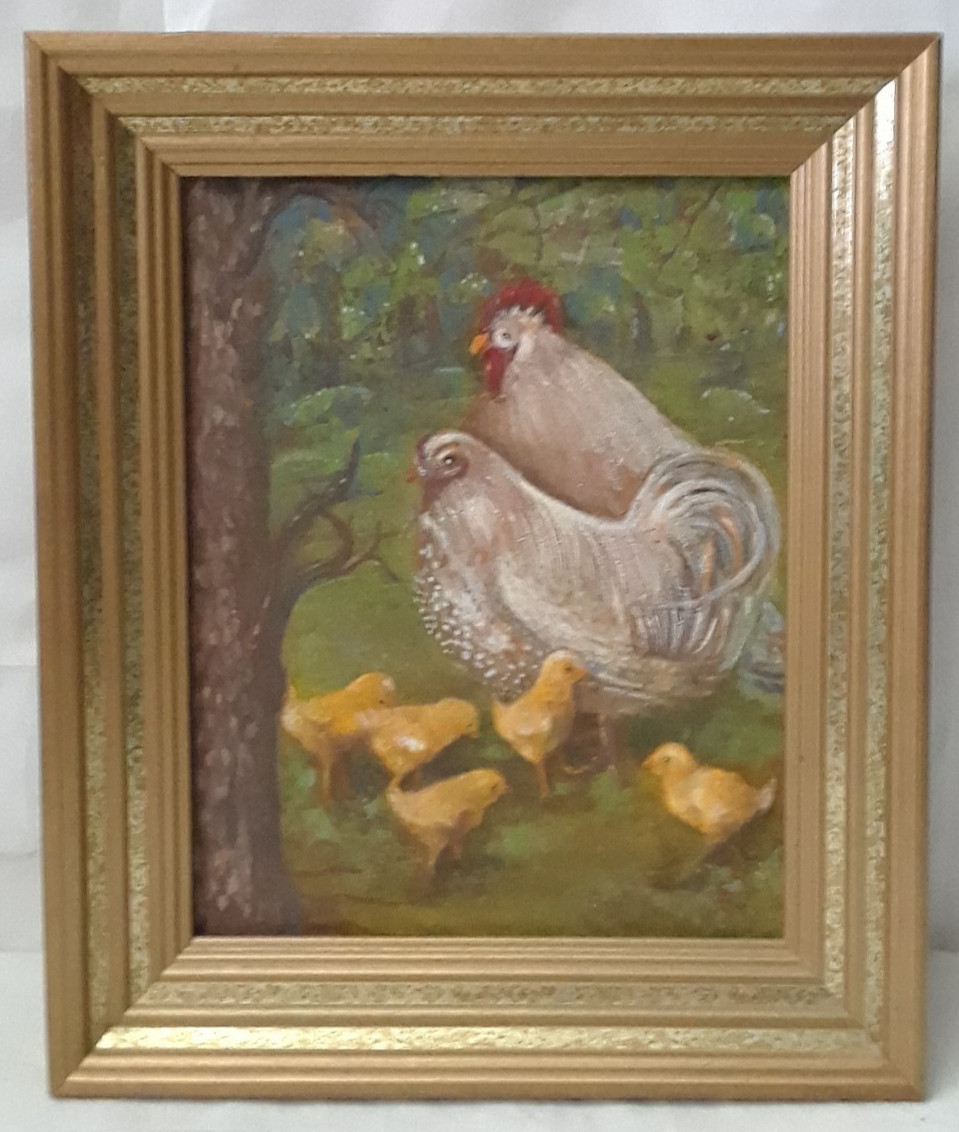 Original Acrylic Painting on Canvas Rooster - Hen - 5 Chicks Gold Framed