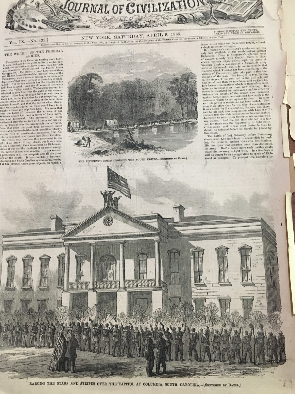 1865 Harper\'s Weekly April 8 one page, second page dated Sept. 19 1868 Newspaper 1865 Harper\'s Weekly April 8 one page, second page dated Sept. 19 1868 Newspaper