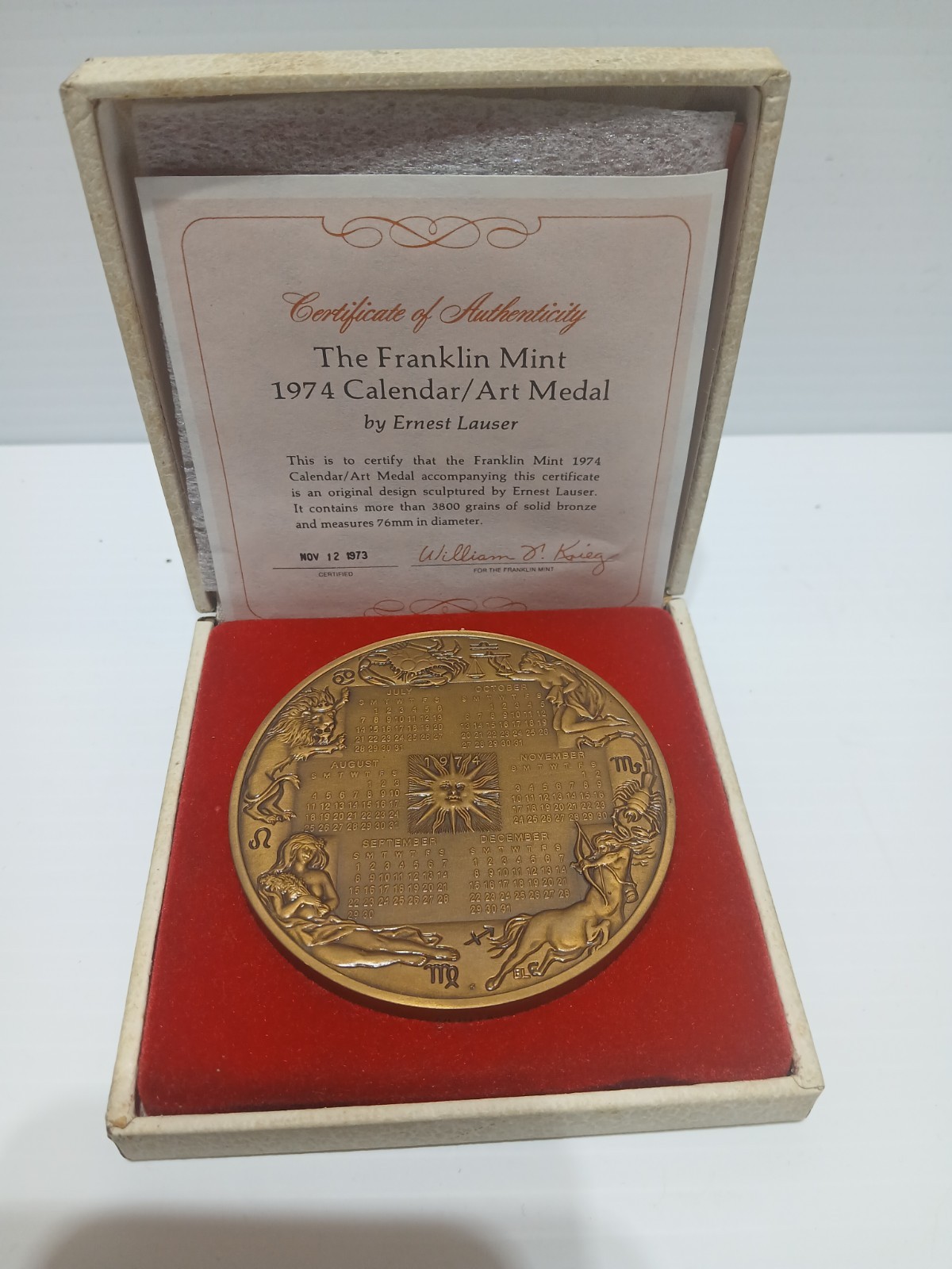 Solid Brass Medal Art Calender 1974 Franklin Mint Box Certificate Vintage