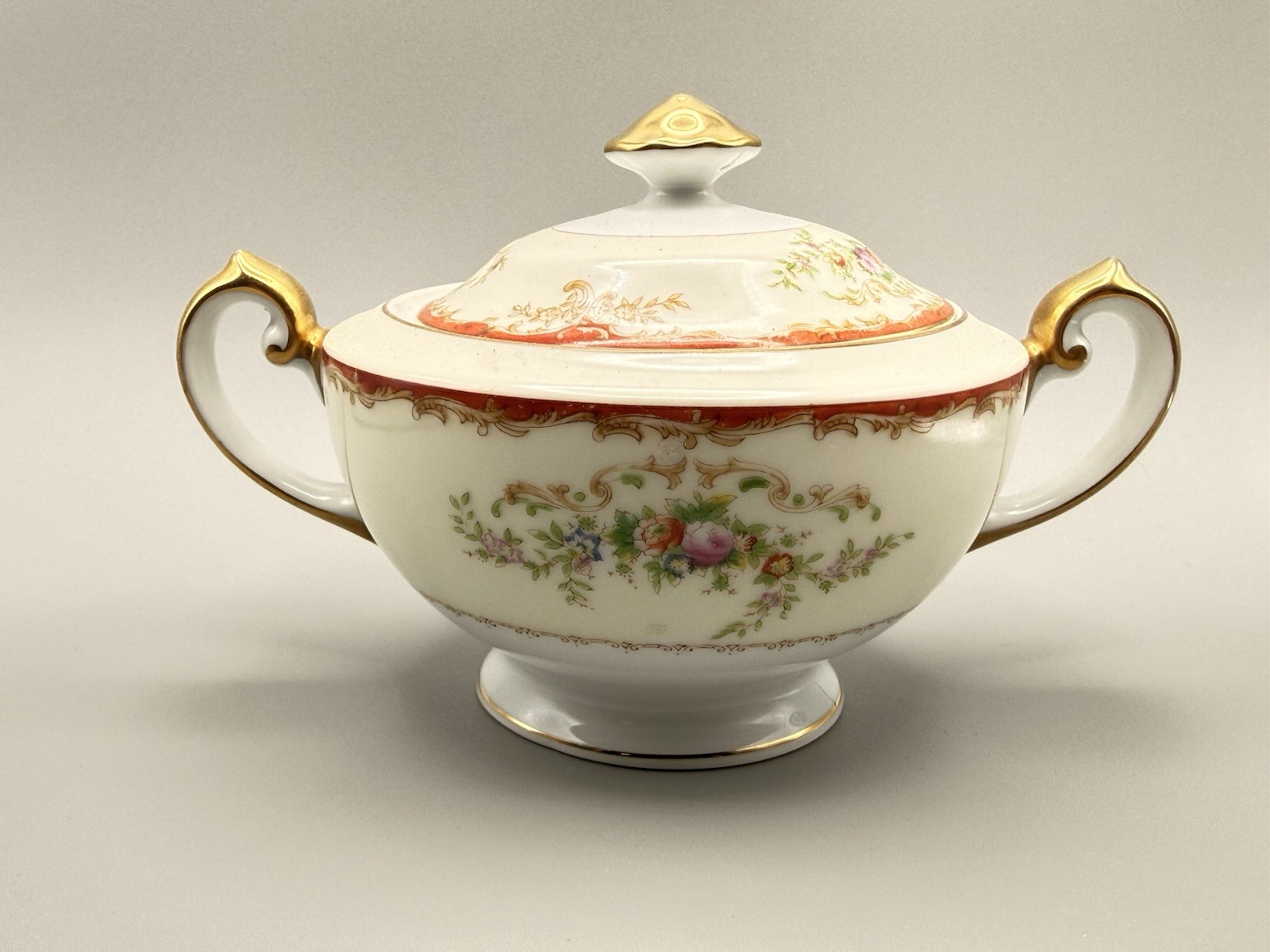 Vintage 1950s Meito Japan Porcelain Covered Sugar Bowl Hand Painted Floral Gilt
