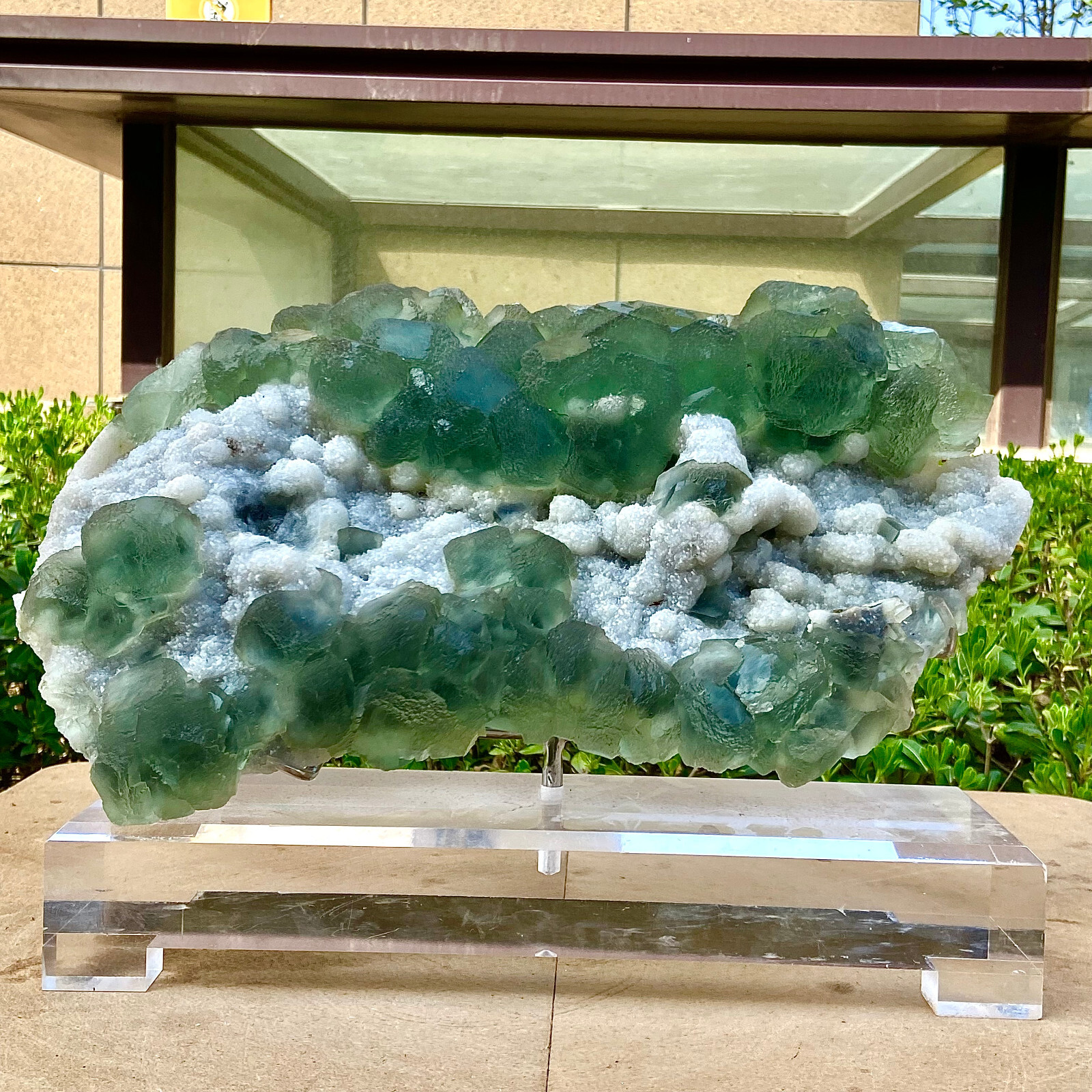 14.39LB  Clear Glassy stepped Green Fluorite crystal on Quartz Fujian China