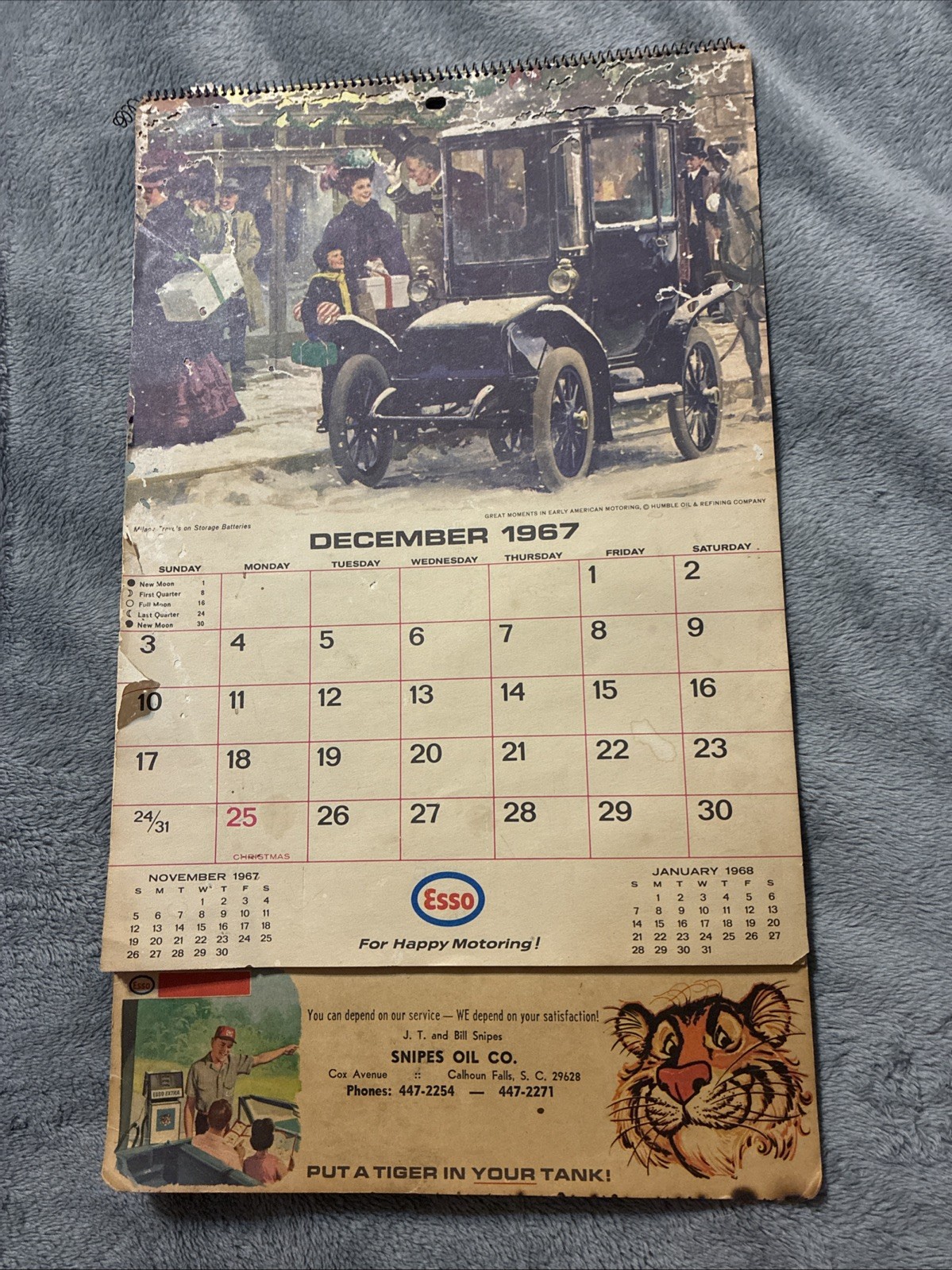Vintage Esso 1968 Calendar Sign: Snipes Oil Co Cox Avenue Calhoun Falls, SC 👀