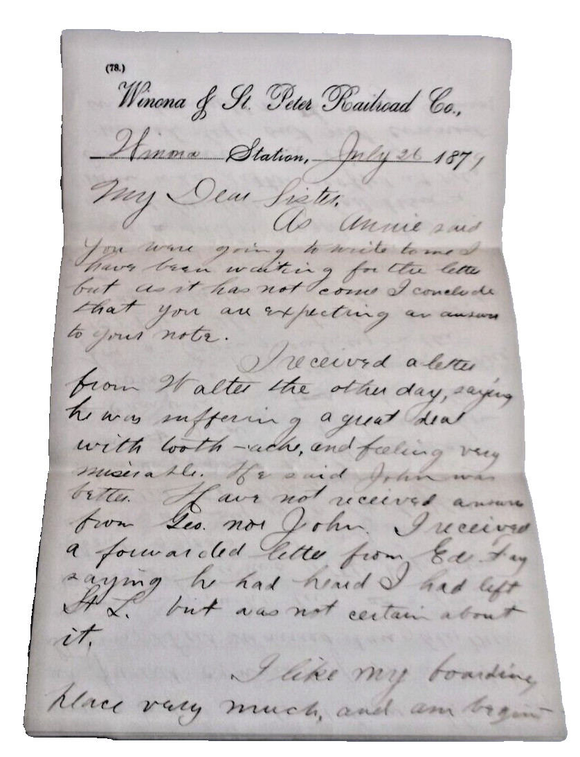 JULY 1879 WINONA & ST. PETER RAILROAD LETTER C&NW