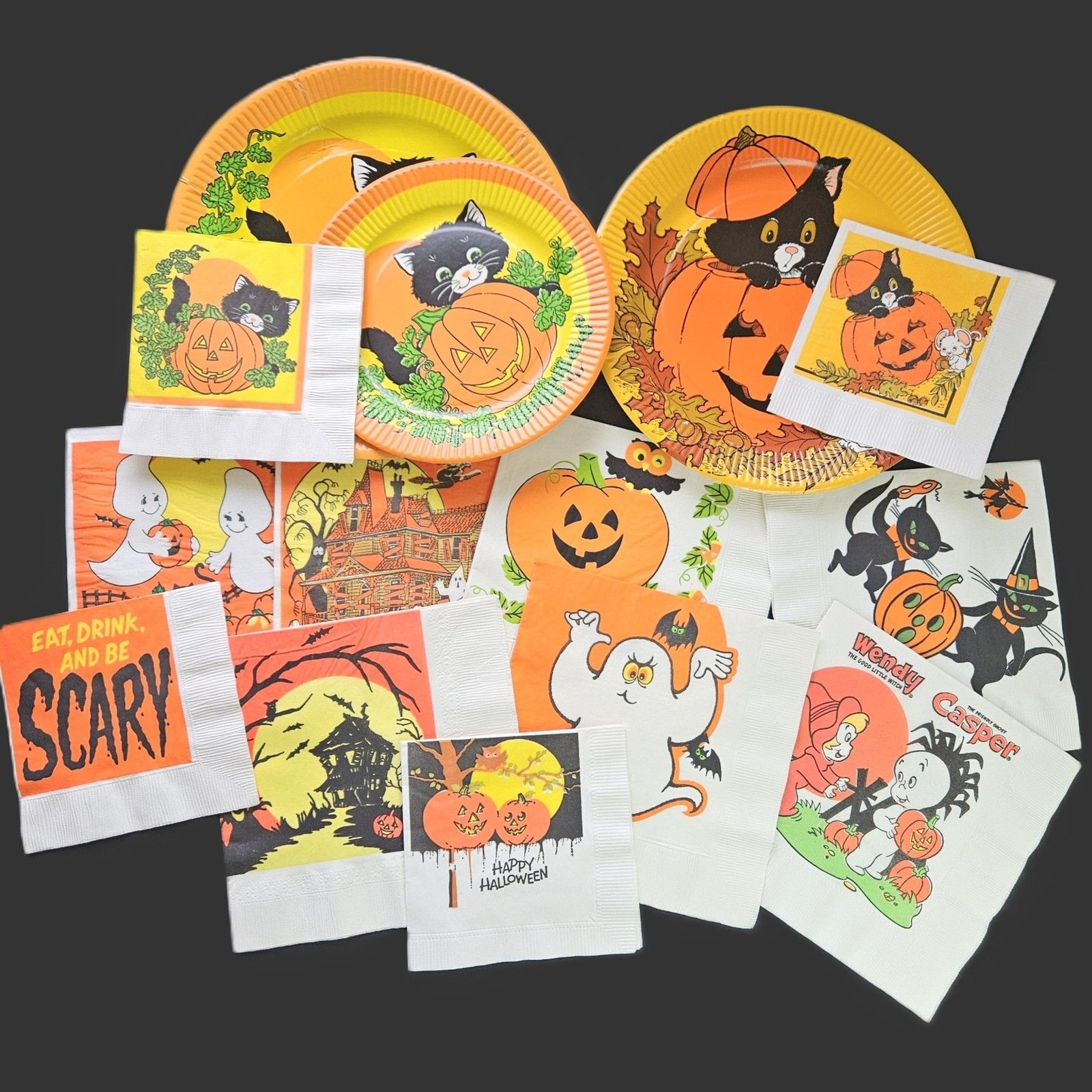Vintage Halloween Party Plates & Napkins Lot 1970s-80s 14 Pcs Ghosts Cats Jack