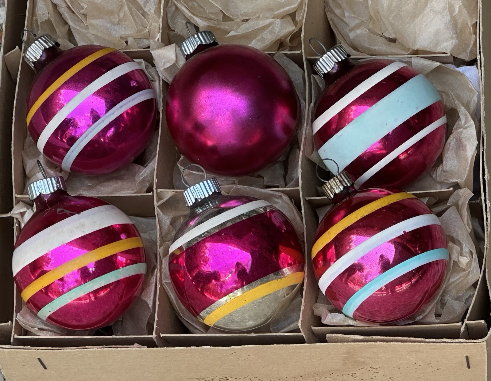 VTG Shiny Brite Made In US Of A Stripes Glass Christmas Ornaments