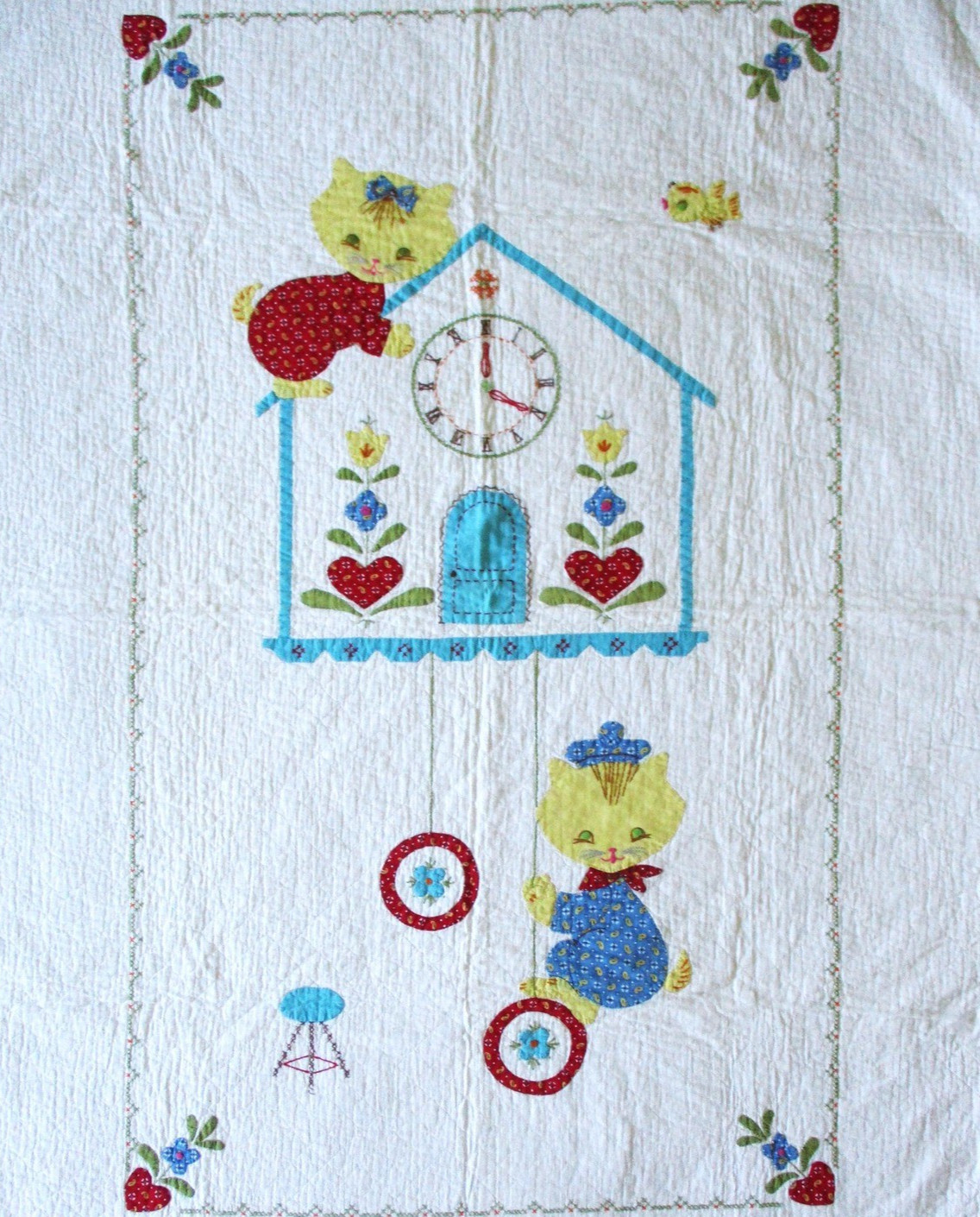 Vintage Crib Quilt Cat Kitten Nursery Blanket 1940\'s Applique Embroidery Quilt