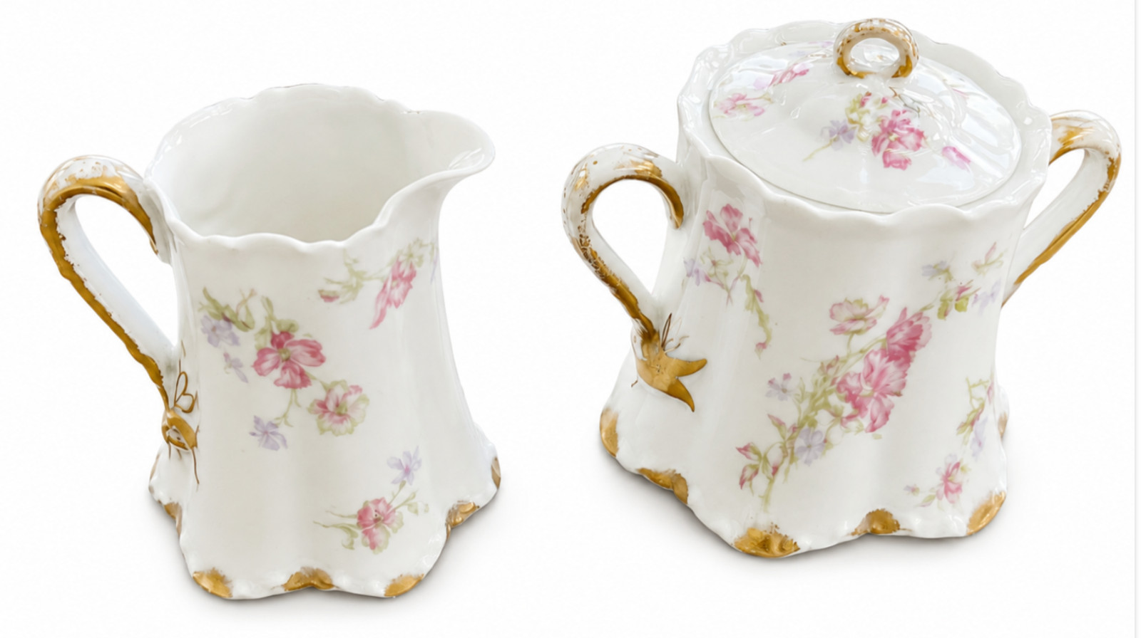Haviland Limoges Schleiger 36K Creamer Covered Sugar Bowl Pink Floral Antique