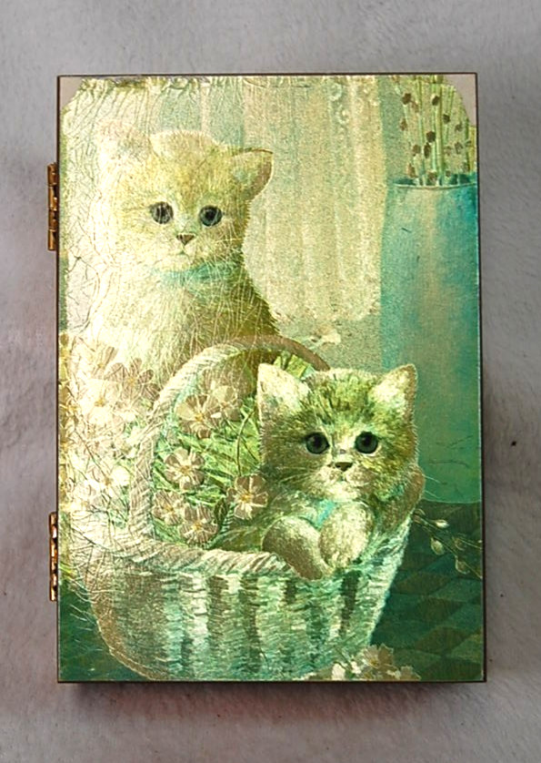Vtge 1970s Cedar Trinket Jewelry Box Ruane Manning Kitten Foil Art New Hampshire