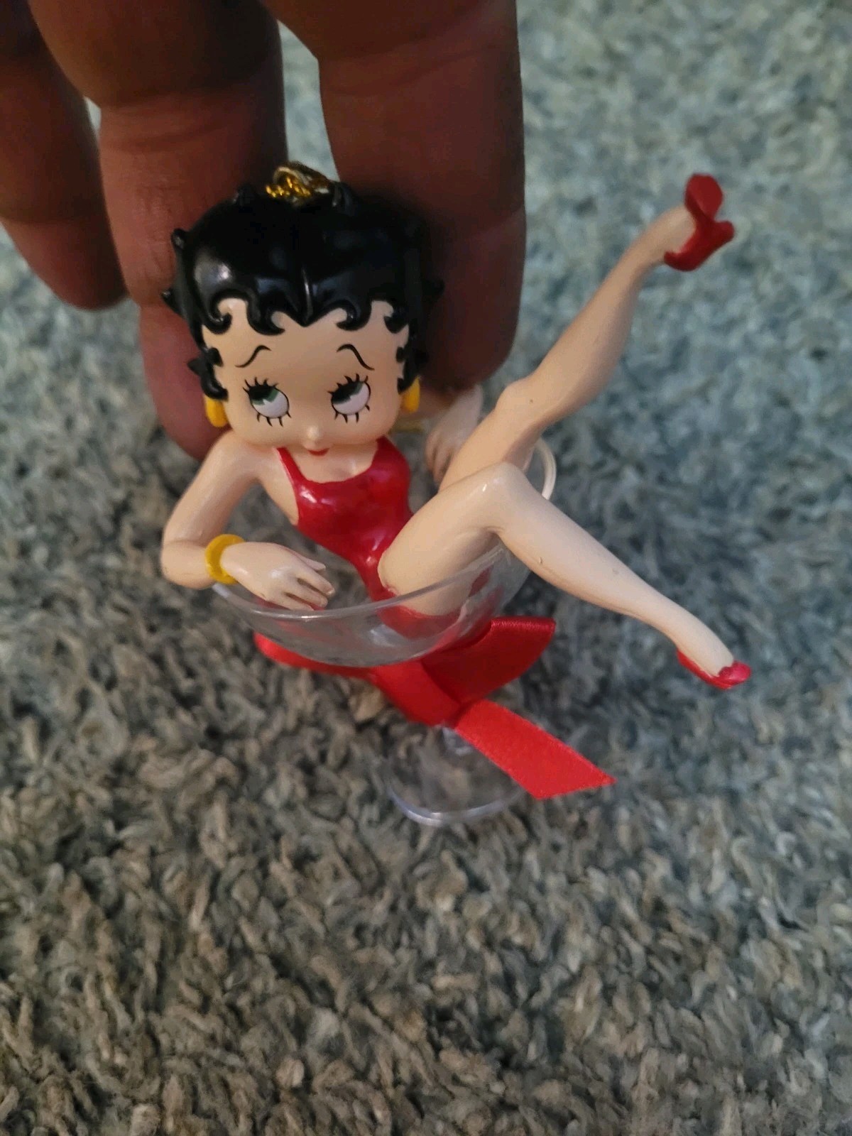 VTG Betty Boop In Plastic Champagne Glass Ornament Red Bow 3.75\'\'  Figurine