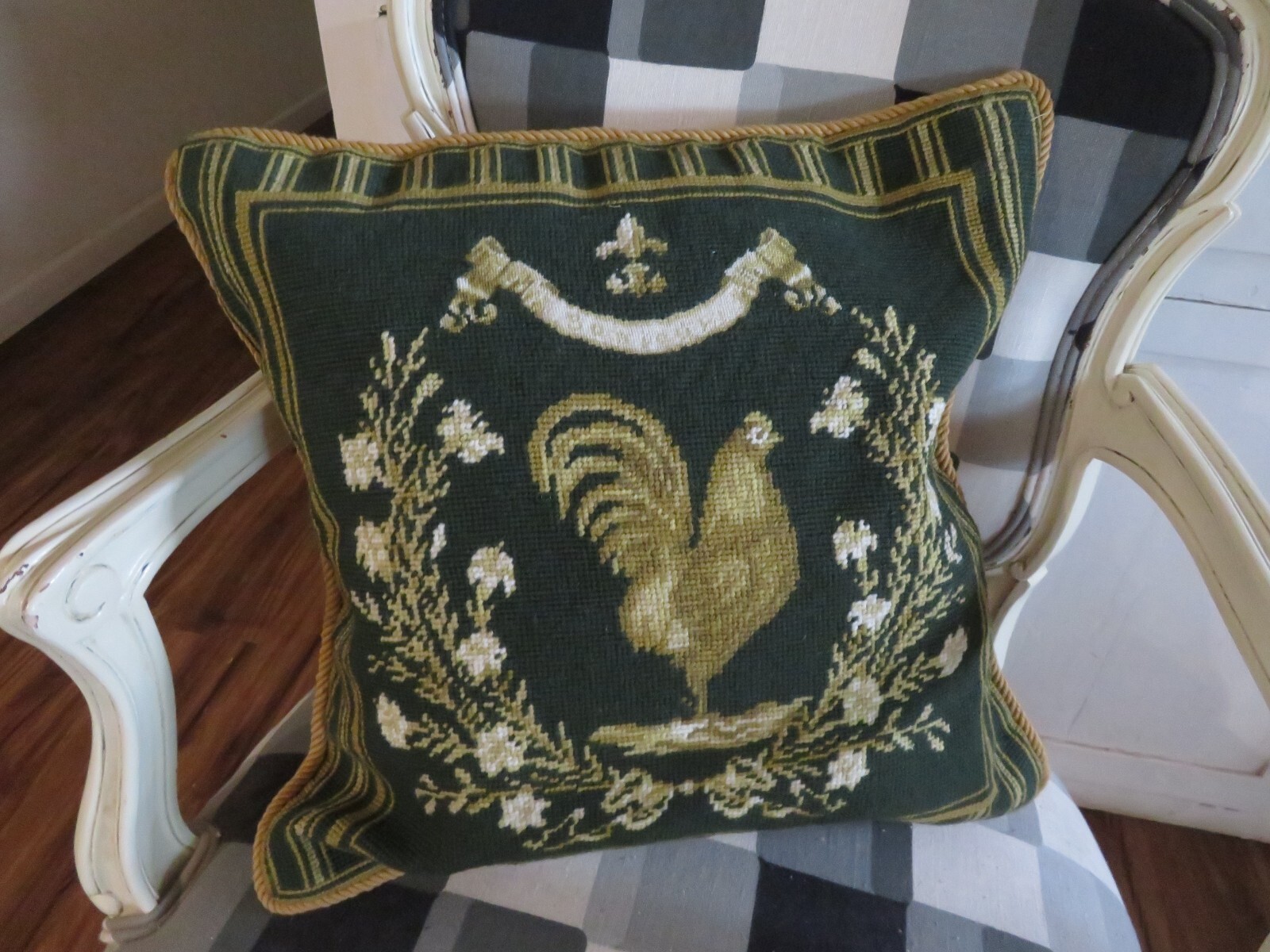 Aubusson style FRENCH COUNTRY Needlepoint Pillow Cover ROOSTER Gold & Drk Grn