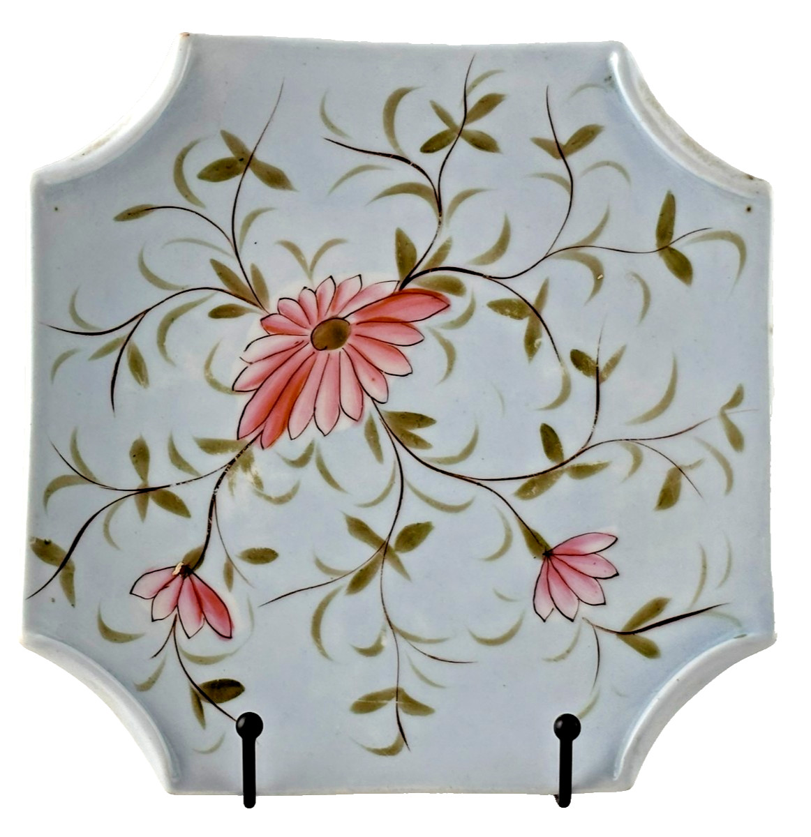  Vintage Square Scalloped Celadon Plate Hand Painted Pink Flower Ceramic Unmarke